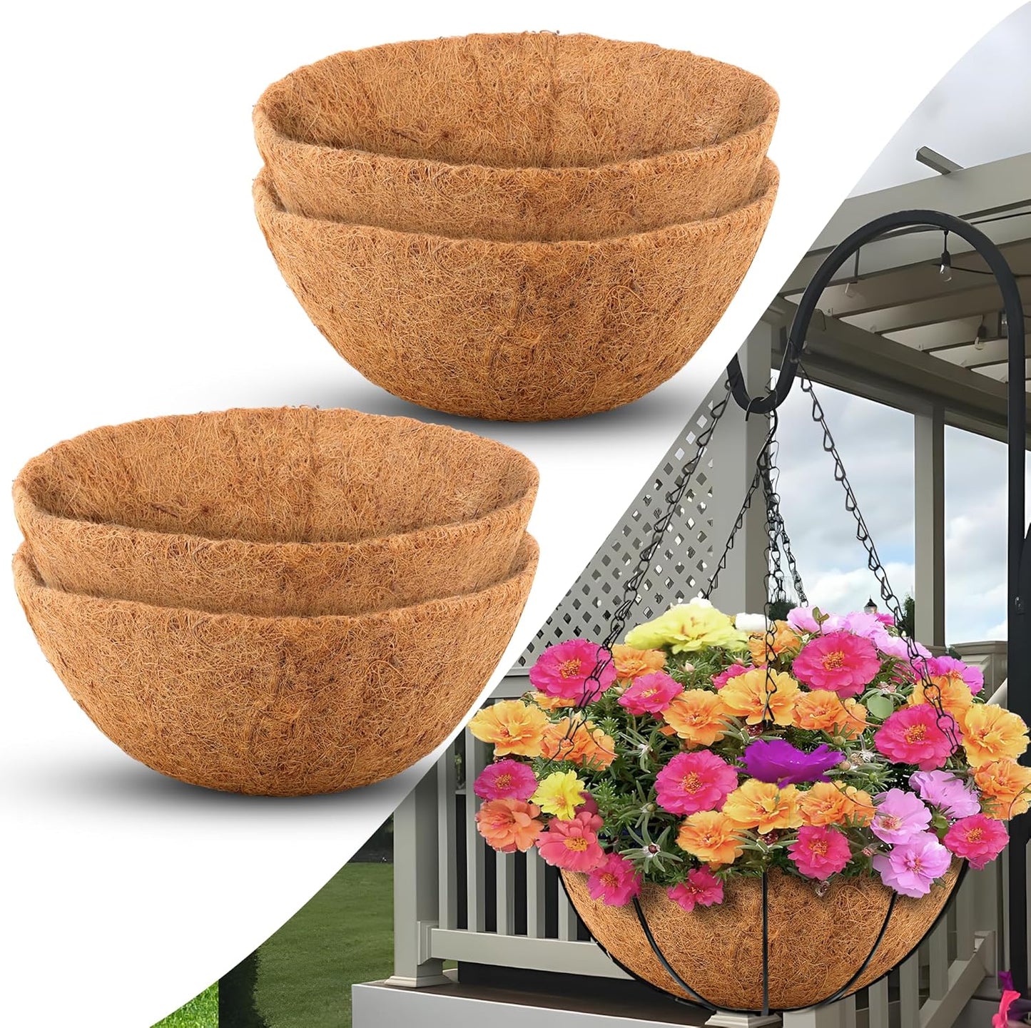 Coco Liners for Planters 18 Inch, 4 Pack Round Hanging Basket Liners, Coconut Fiber Liners for Planters Flowers Garden