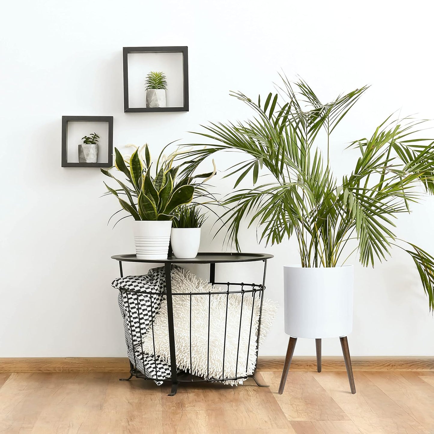 D'vine Dev 14 Inch Planter Pot with Stand, Mid-Century Tall Plant Pot with Legs for Indoor Plants, X-Large, White, 88-O-D-1