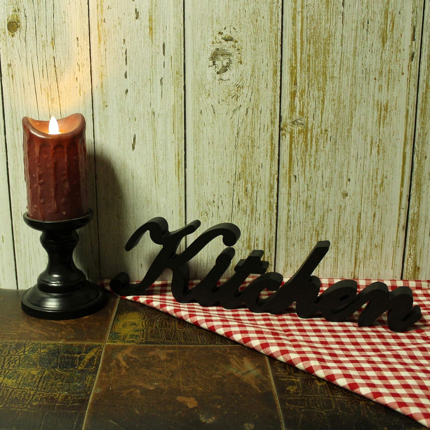CVHOMEDECO. Rustic Matt Black Wooden Words Sign Free Standing "Kitchen" Desk/Table/Shelf/Door/Home Wall Decoration Art, 15-1/2 x 4-1/4 x 1 Inch