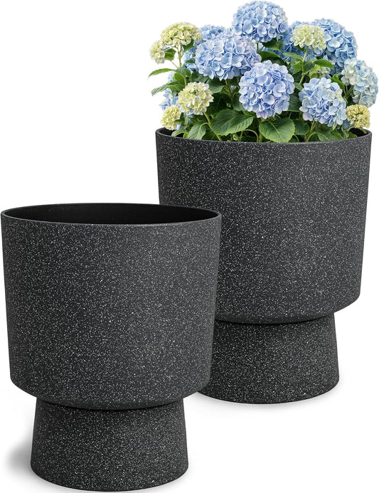 16.75"H Urn-Style Tall Planters, 2-Pack Modern Large Flower Pots for Outdoor Indoor, 2-in-1 Design Plant Containers for Garden Patio Yard Balcony Porch or Home Decor, White Terrazzo, UV-Protect