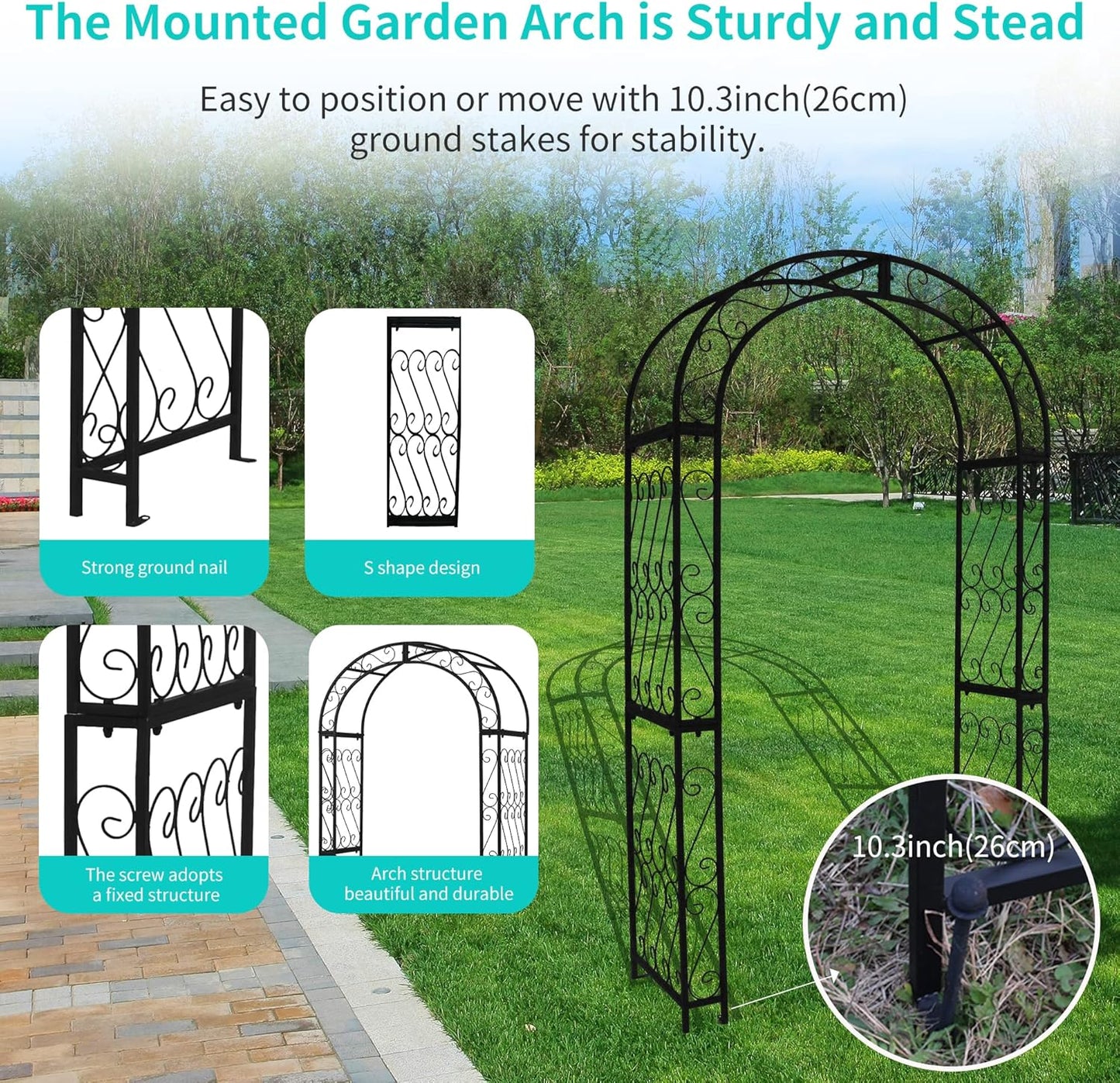 48.8" W x 83.8" H Garden Arch, Black Sturdy Metal Iron Arbor, Courtyard Cast Trellis for Various Climbing Plant, Outdoor European-Style Archway Wedding Ceremony Party