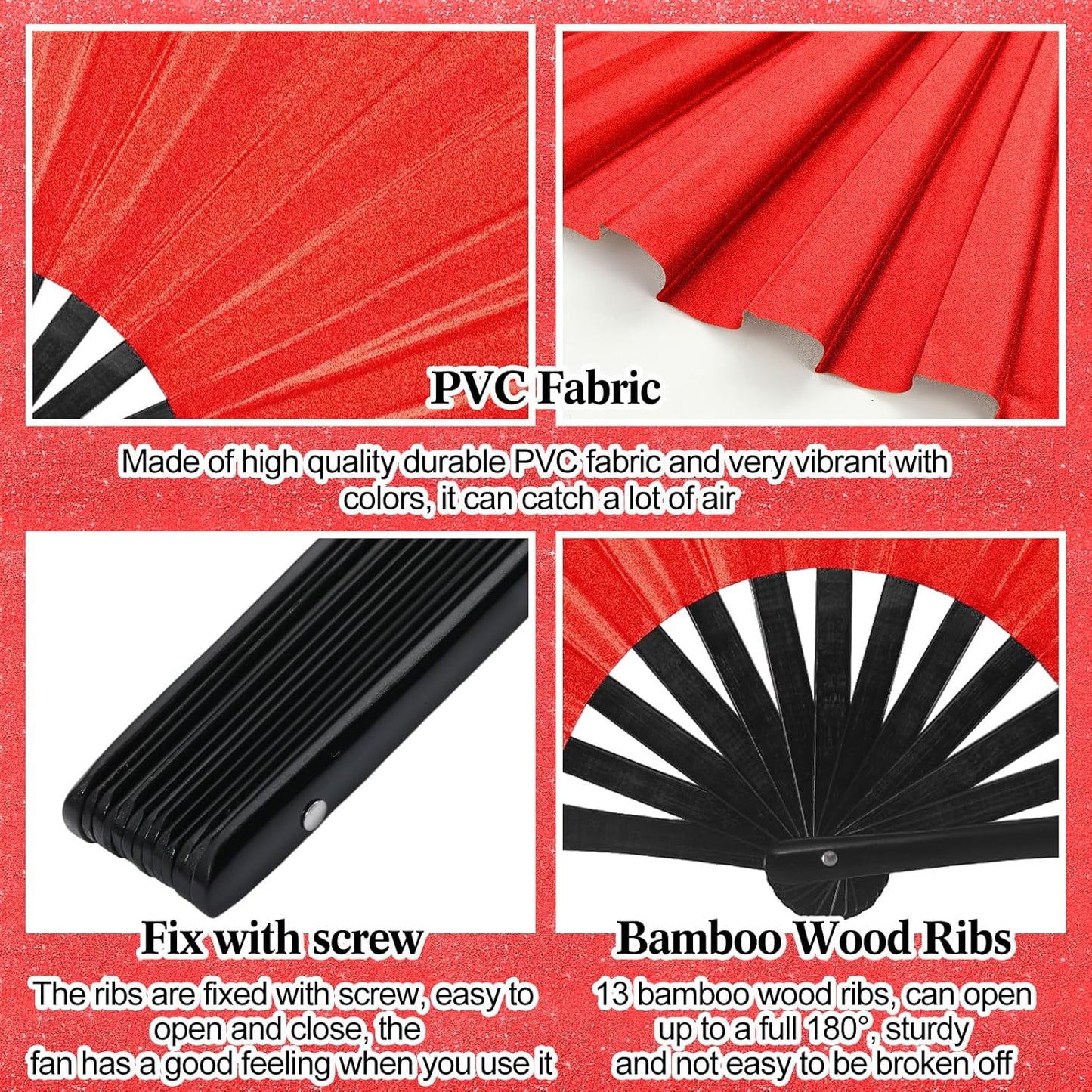 Maitys 2 Packs Large Clap Fans for Line Dancing Large Chinese Folding Hand Fans for Men and Women, Festival, Tai Ji, Kungfu, Martial Art, Gifts (Laser Red)