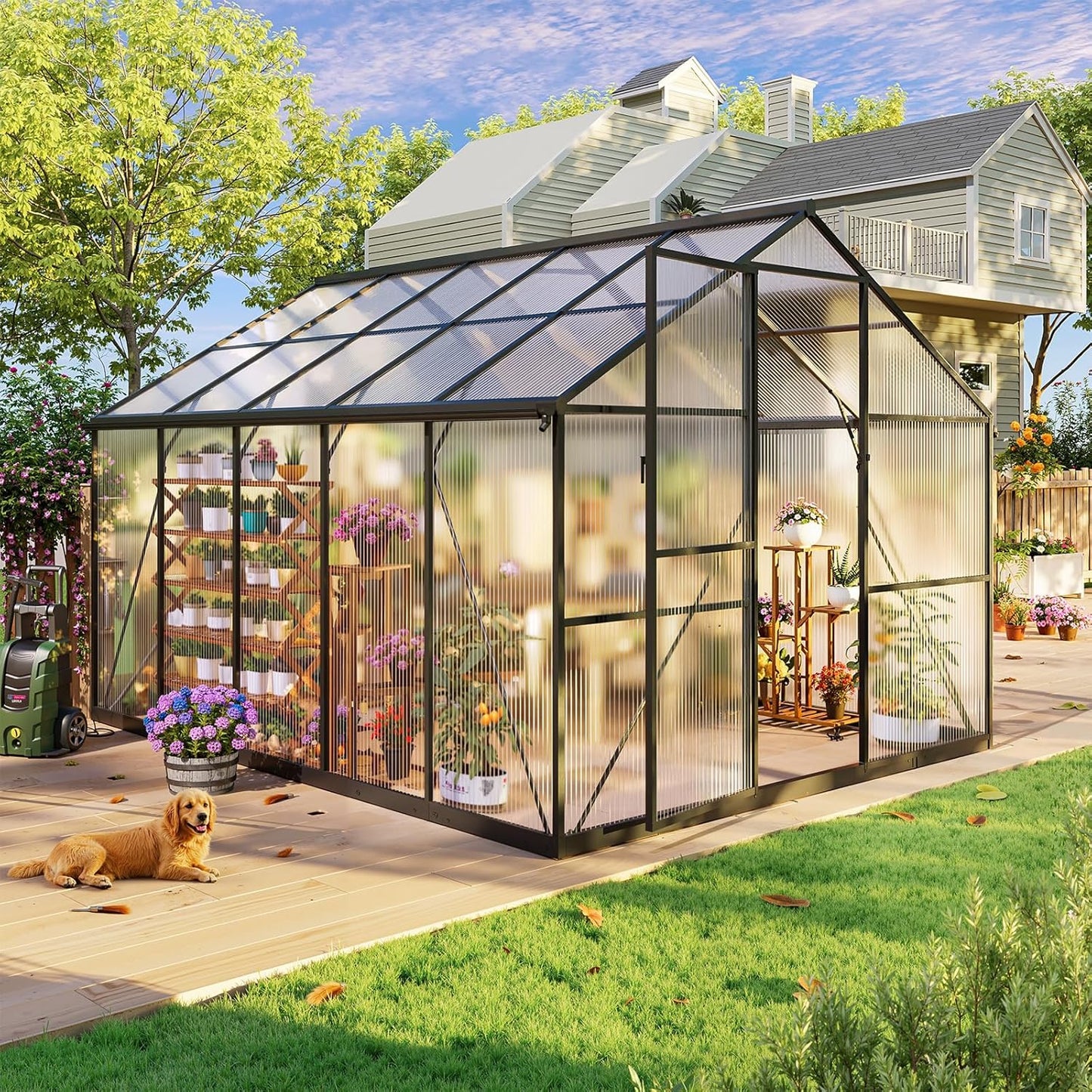 8x10FT Greenhouses for Outdoors, Polycarbonate Green House with UV Protection, Heavy Duty Greenhouse with Windproof Aluminum Frame, Roof Vent & Quick-Install Design for Backyard or Garden Use