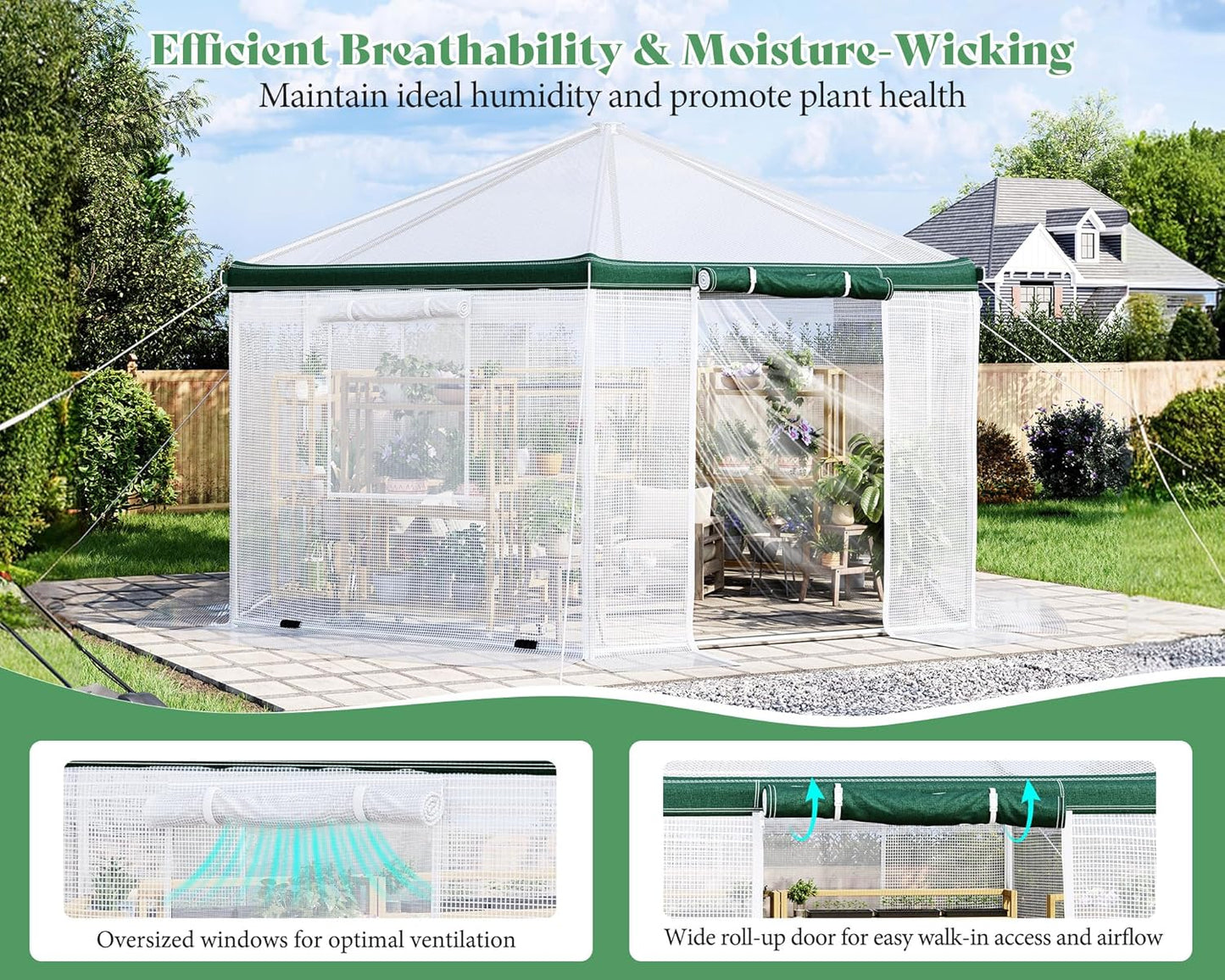 AMERLIFE 13.5x13.5x9 FT Hexagonal Walk-in Greenhouse for Outdoors, Heavy-Duty Greenhouse with Windbreak Ropes, Waterproof PE Cover, Ground Stakes, Tunnel Green House for Garden, White/Green