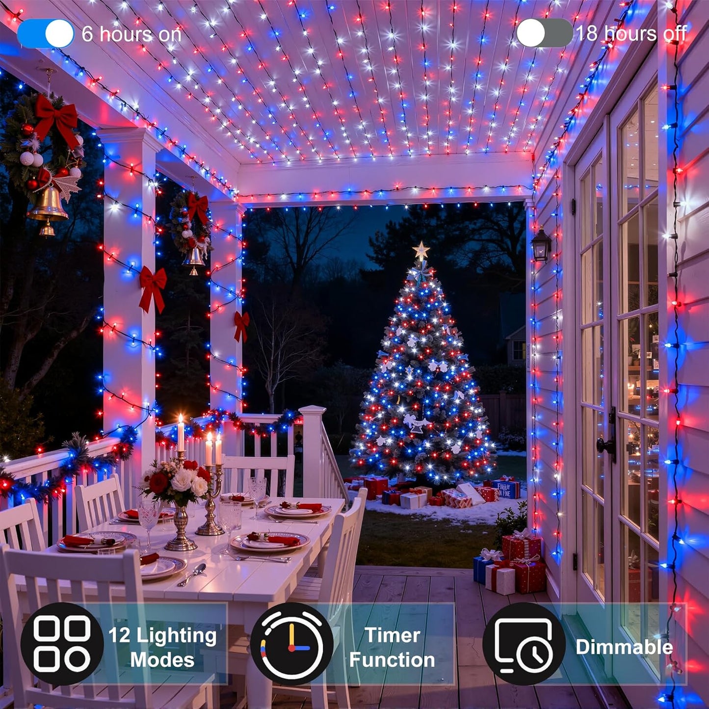 1500LED Christmas Lights Outdoor Use, 470ft 12 Modes Red Blue and White LED String Lights with Timer Dimmable, Waterproof Christmas Tree Lights for Xmas Patio Yard Fence Balcony Garden Decor
