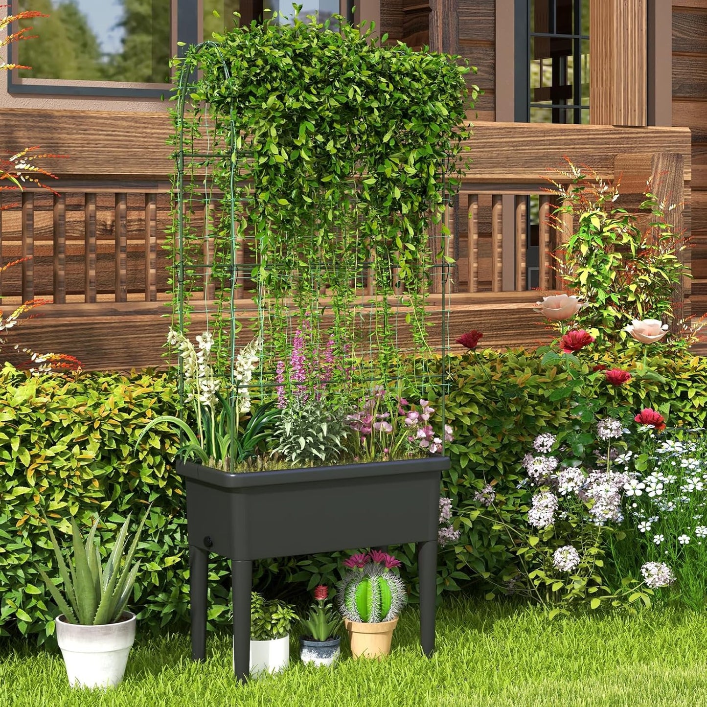 Happygrill Raised Garden Bed with Trellis, 4 in 1 Self-Watering Planter w/Water Level Observer, Drainage Holes, Climbing Net & Detachable Legs, Garden Cucumber Planter for Vegetables Flowers