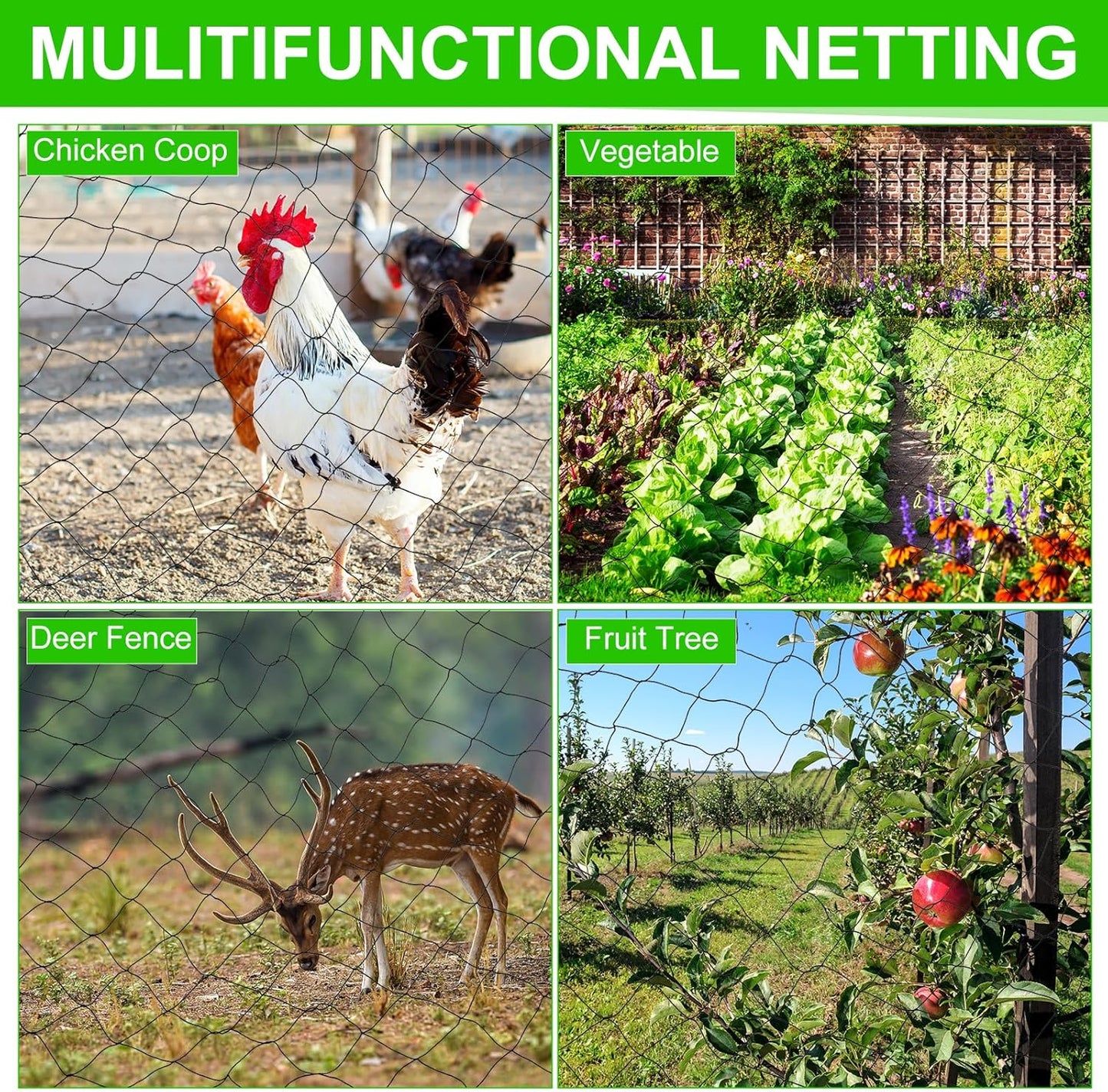 Windyun 2 Pcs Bird Netting 50' x 100' Bird Net Chicken Coop 2.4" Mesh Heavy Duty Deer Fence Aviary Net Reusable Fruit Tree Poultry Barrier for Garden Protection Vineyard Against Hawk Squirrel, Black