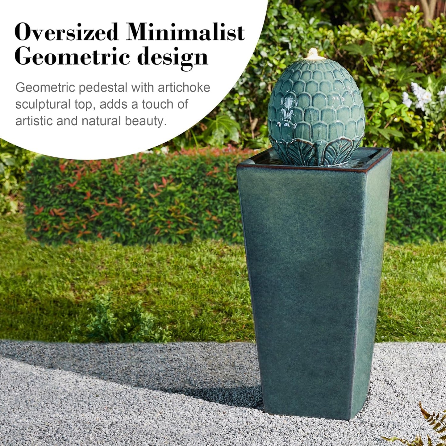 Glitzhome Ceramic Outdoor Water Fountain with LED Light, Oversized Artichoke Pedestal Water Fountains with Submersible Pump, Patio Fountain Waterfall for Garden Patio Deck Porch, Turquoise, 35.75" H