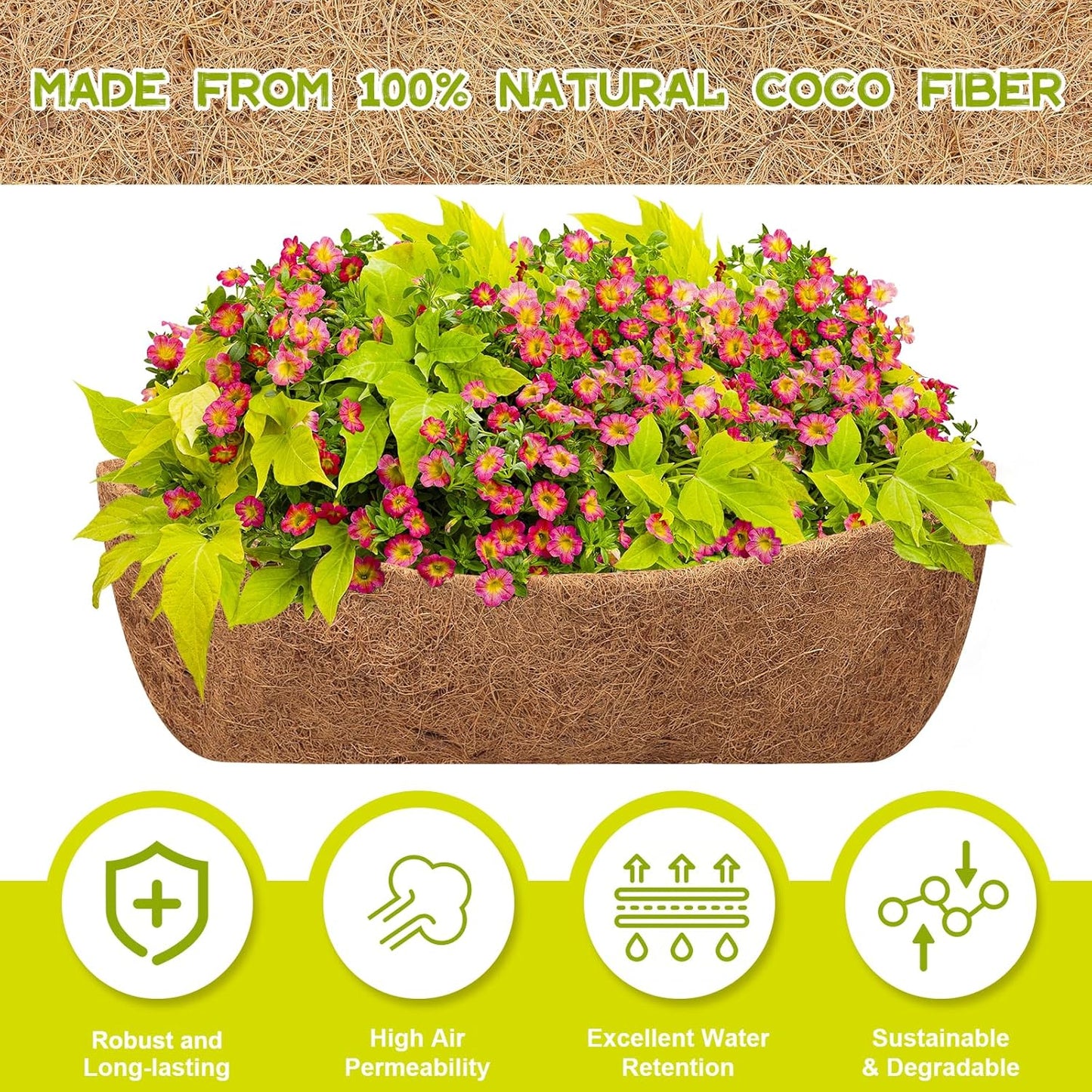 Riare 2 Pack 30 Inch Trough Coco Coir Liners for Planters, Pre-Formed Coconut Coir Replacement Liner Natural Coco Fiber Window Box Liners for Wall Planter, Window Basket Deck Railing Planter