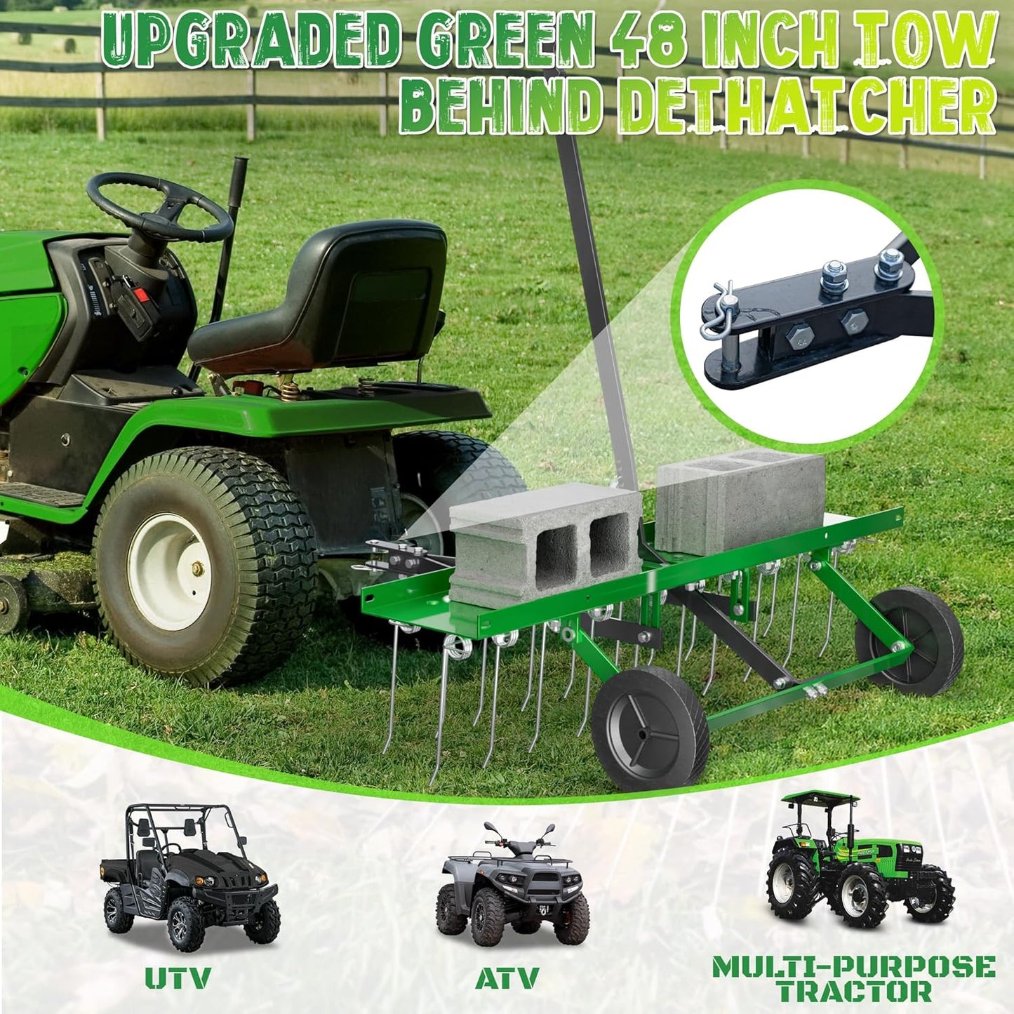 48 Inch Green Tow Dethatcher with 24 Spring Steel Tines, Pull Behind Dethatcher for Outdoor Yard Care, Garden Farm Grass Tractor Rake to Remove Thatch, Leaves and Needles from Large Lawn Areas