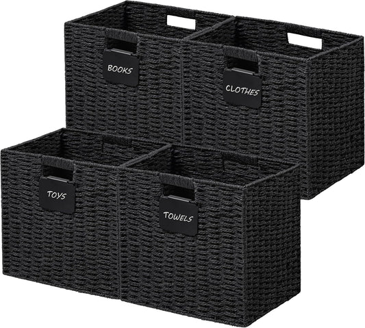 UBBCARE 4 Pack Wicker Basket, 10.5×10.5 Storage Cubes with Label, Foldable Cube Storage Bin with Handle, Square Storage Basket for Shelves, Woven Paper Rope Basket for Organizing, Black
