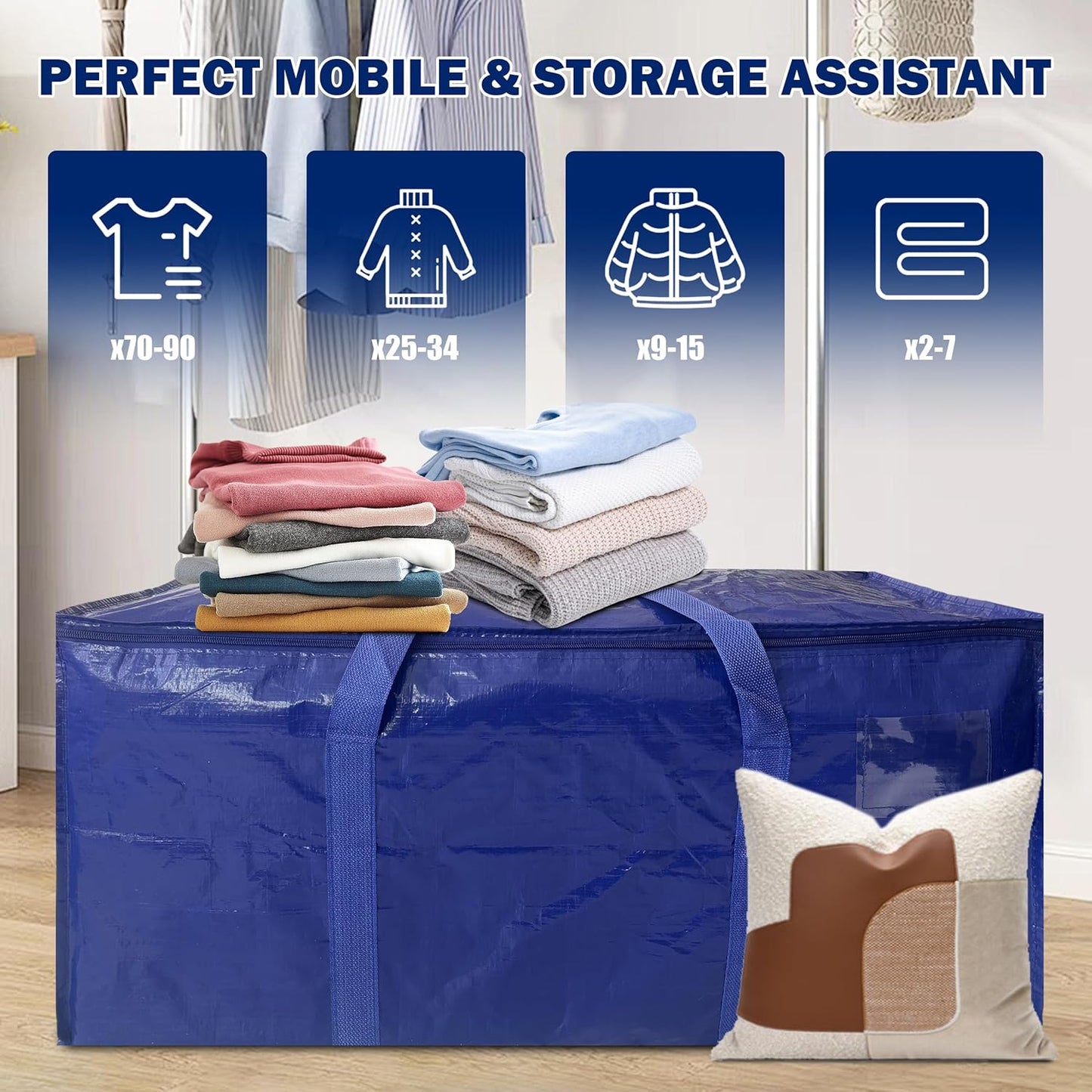 16 Pack Extra Heavy Duty Large Moving Bags with Strong Zipper & Carrying Handles, Sturdy Clothes Storage Bags Totes Bins, Packing Moving Boxes College Supplies, Dark Blue - 40 gal