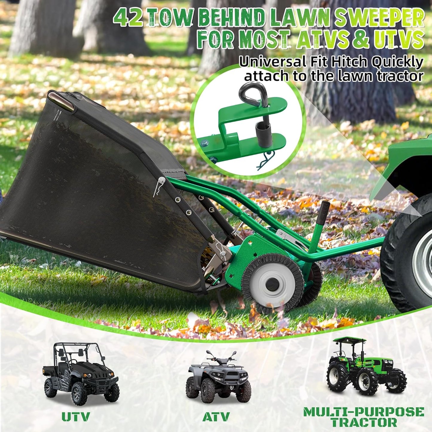 42" Lawn Sweeper Tow Behind, Grass Sweeper Tow Behind with 18.55 cu. ft Large Hopper, Heavy Duty Leaf & Grass Collector, Adjustable Brush Height Lever and Dumping Rope, Lawn and Yard Cleanup Tool