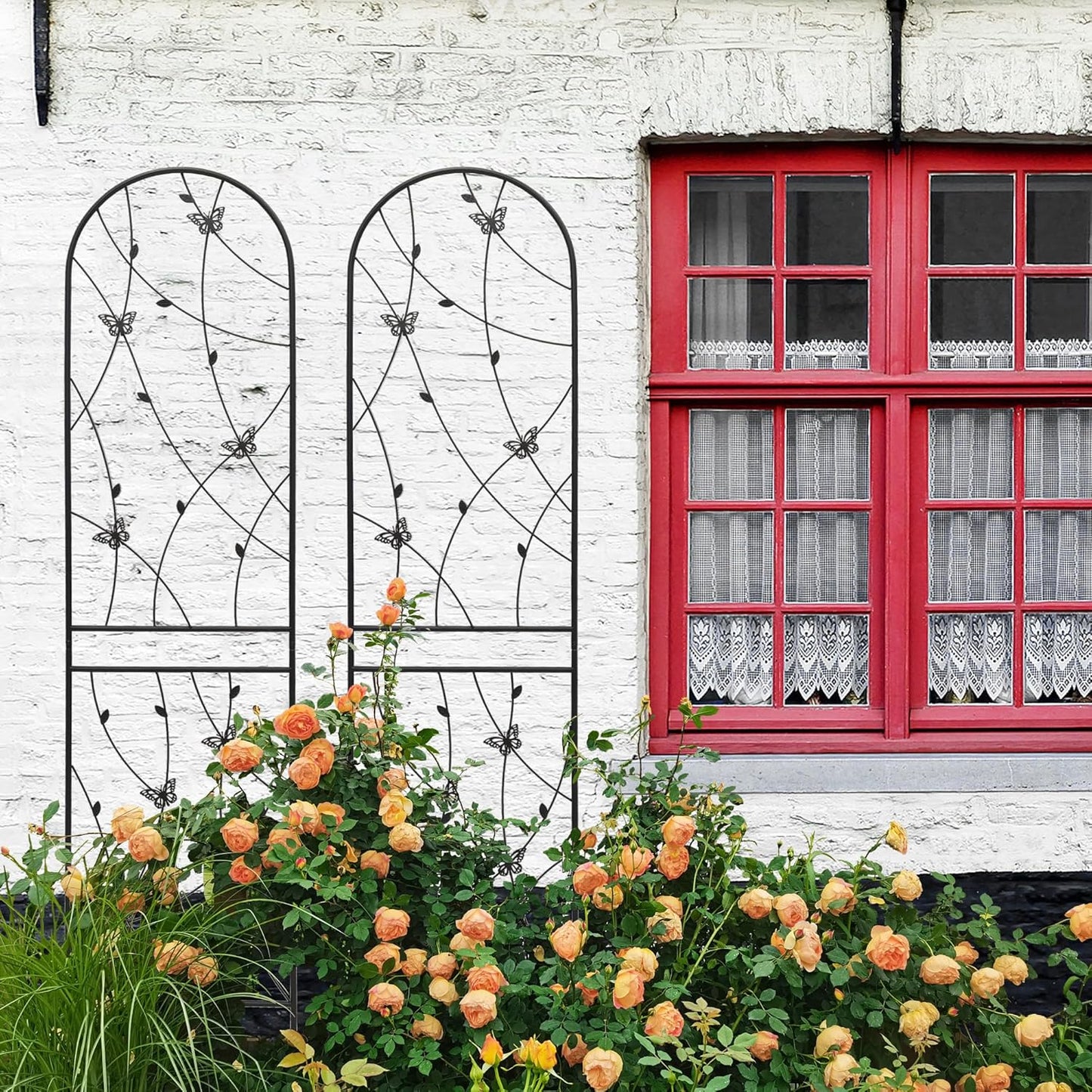 6 Pack Metal Garden Trellis for Climbing Plants, 86.7" Tall Rustproof Outdoor Trellis Panel with Butterfly Design, Decorative Black Iron Plant Support for Vine, Rose, Flower, Garden Wall