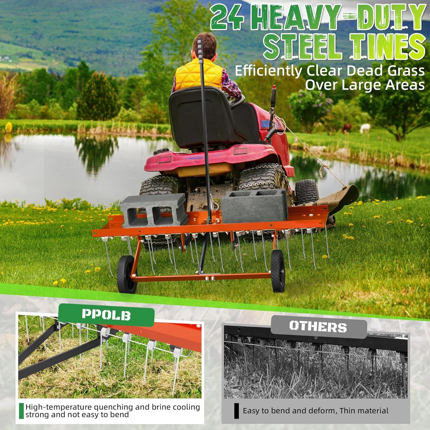 48 Inch Orange Tow-Behind Dethatcher with 24 Spring Steel Tines, Pull Dethatcher for Outdoor Yard Care, Garden Farm Grass Tractor Rake to Remove Thatch, Leaves and Needles from Large Lawn Areas