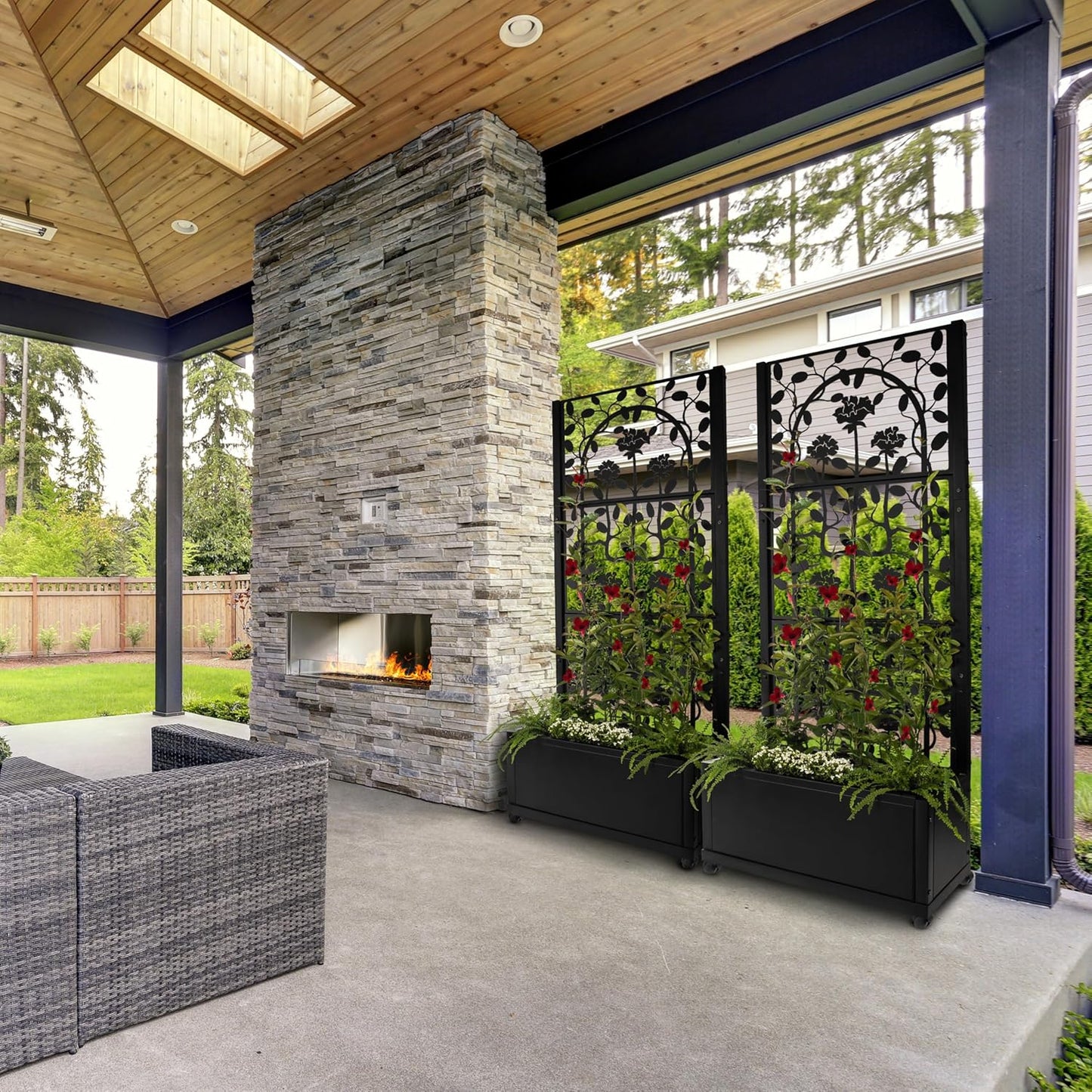 H Potter Trellis Planter Box for Outdoor Plants Privacy Screen for Patio Garden Deck Balcony (Black)