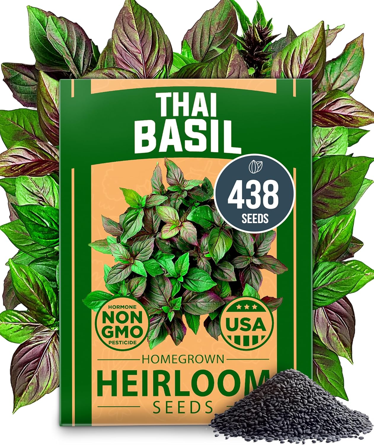 HOME GROWN Thai Basil Seeds Pack - 438 High Germination 𝗡𝗢𝗡-𝗚𝗠𝗢 𝗨𝗦𝗔 Heirloom Herb Seeds for Planting,Ideal for Growing Fresh Basil Planting Indoor or Outdoor(Ocimum basilicum var.thyrsiflora)