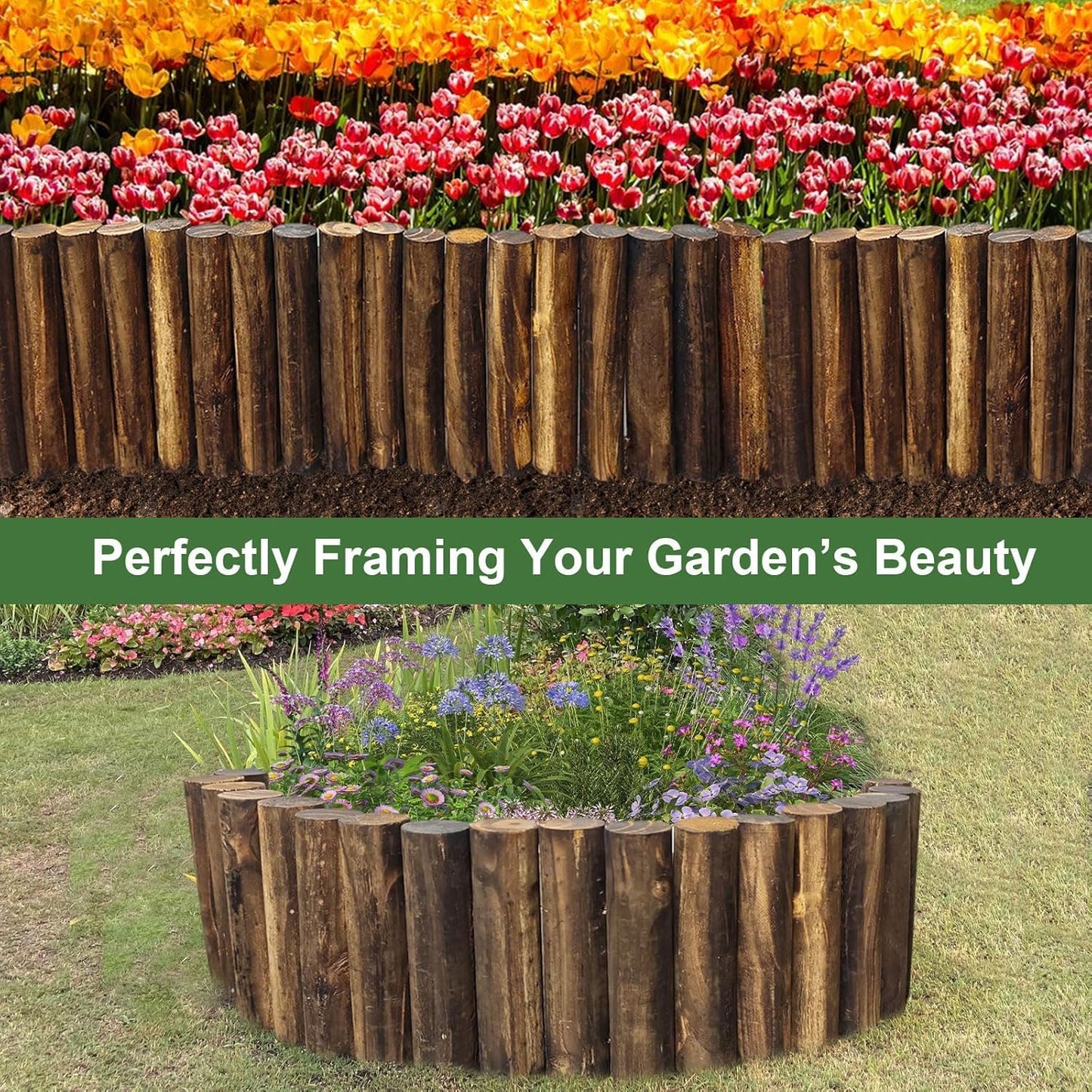 Wood Garden Fence, Natural Wooden Solid Log Edging Border Decorative for Flower Bed Barriers and Landscape Fencing