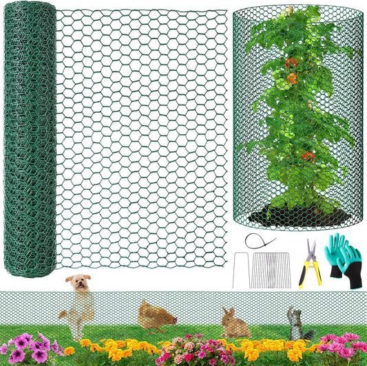 32.8ftx24In Plant Protectors from Animals,Plant Cages for Outdoor Plants,Wire Plant Protector Cage,Wire Plant Protector,Chicken Wire Cloche with Ground Stakes & Nylon Ties Protect Plants from Animals