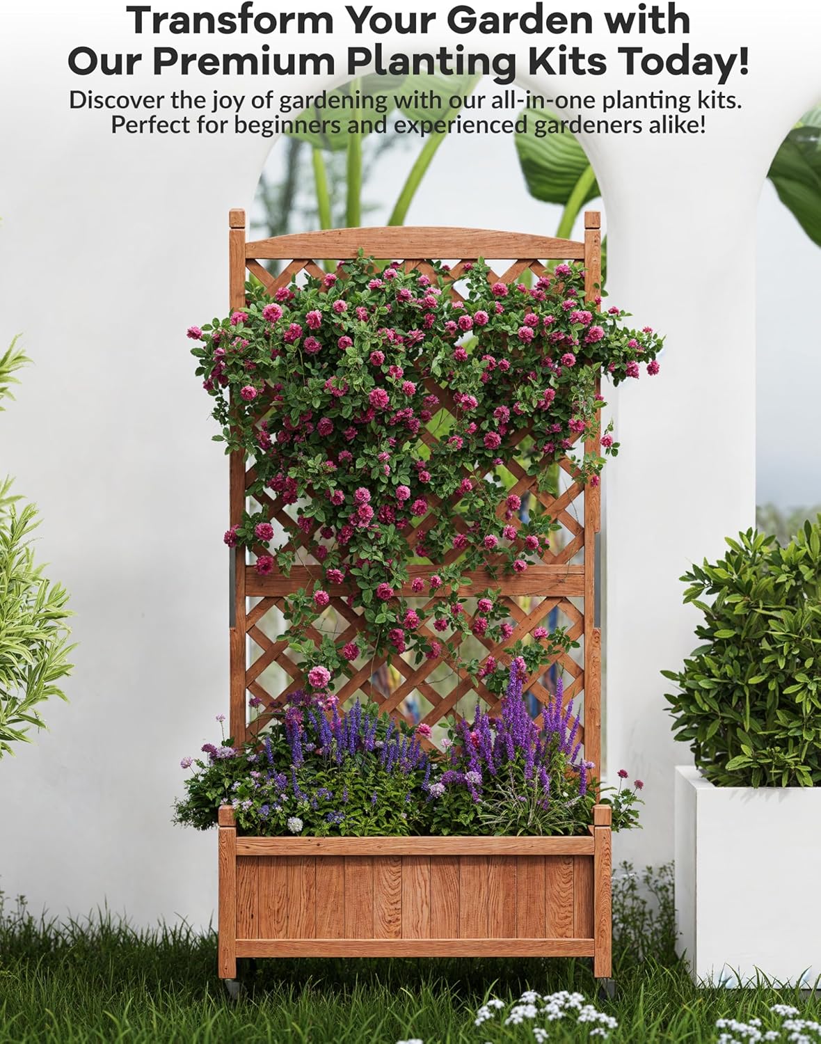 29.5" x 13"x 61.5" Wood Planter Box With Trellis For Plant & Flower, Raised Garden Bed With Wheels, Standing Vertical Horticulture Trellis Planter With Drainage Holes for Patio Garden, 2PCS