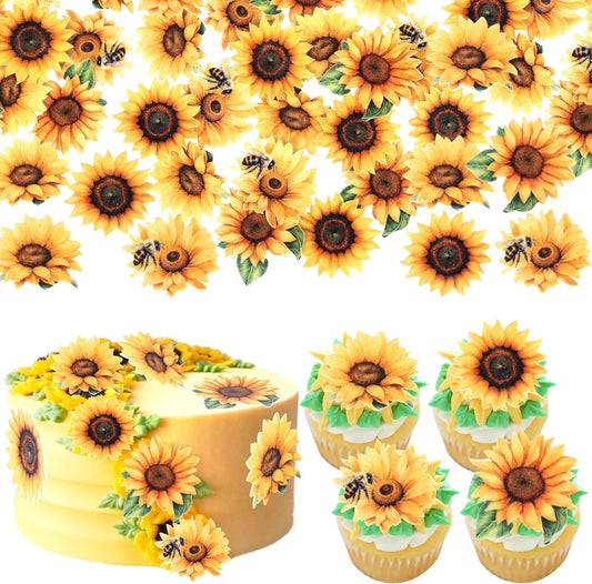 60 PCS Edible Sunflower Cupcake Toppers Wafer Paper Sunflower Cupcake Picks Edible Flower Party Decorations for Baby Shower Sunflowers Birthday Party Cake Toppers Food Decorations Supplies