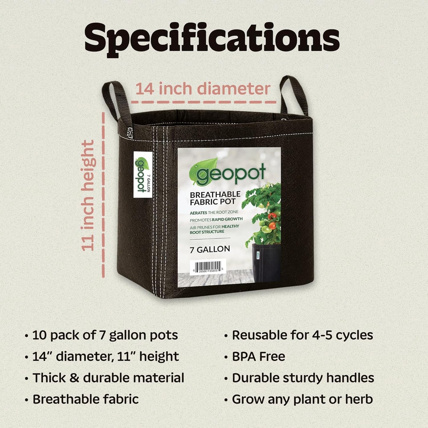 7 Gallon Fabric Grow Bags with Handles for Vegetables, Houseplants, Herbs & Flowers |5-Pack| Fabric Pots for Outdoors and Indoors, Aerated Fabric Grow Bags