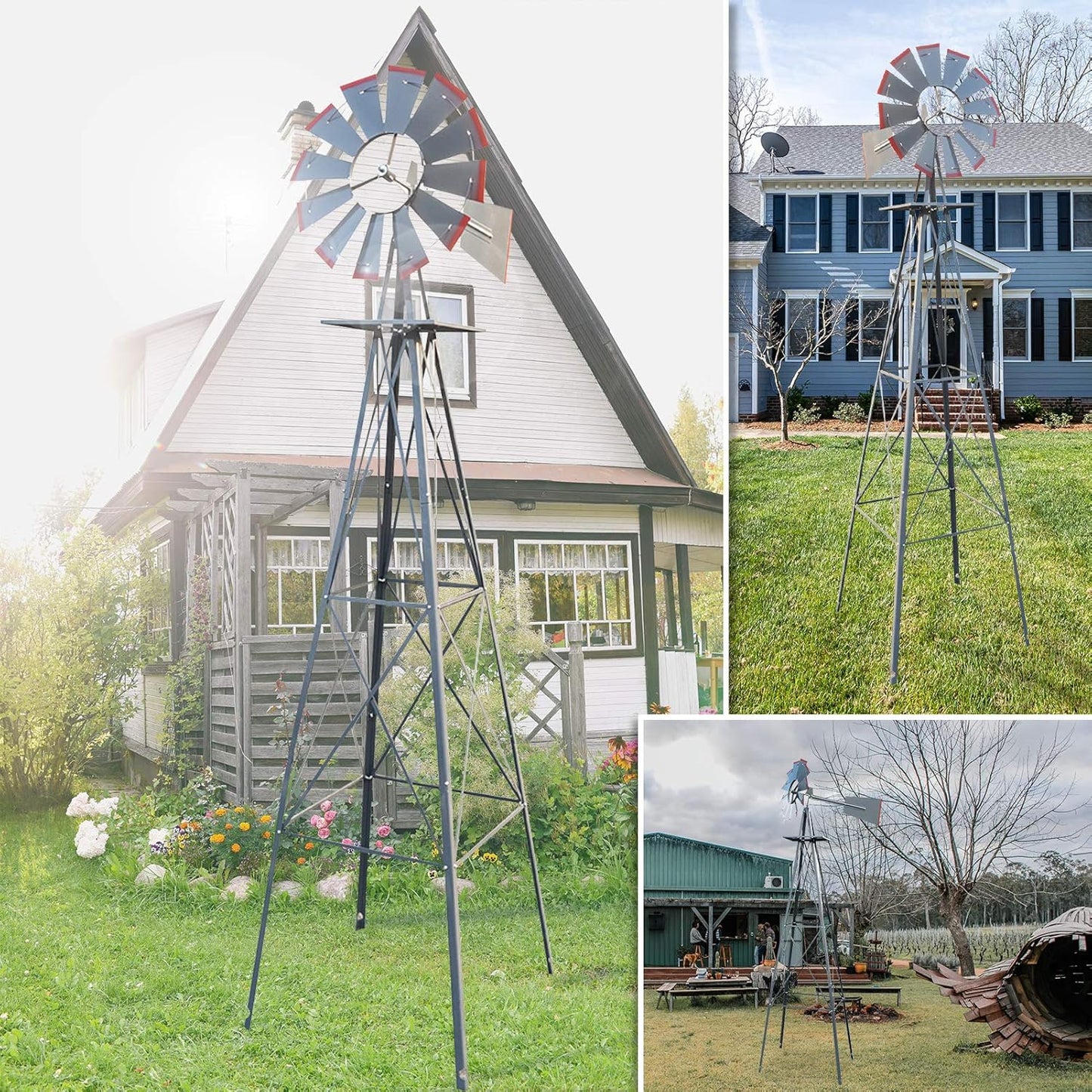 8ft Garden Windmill, Heavy Duty Durable Metal Weather Vane for Backyard, Ornamental Windmill for Yard Weather Resistant (Gray, 8FT)