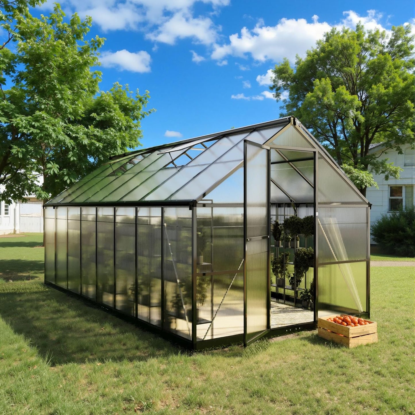 8x16 FT Greenhouse, Polycarbonate Green House with Quick Setup Structure and Roof Vent, Aluminum Large Walk-in Greenhouse for Outside Garden Backyard, Black