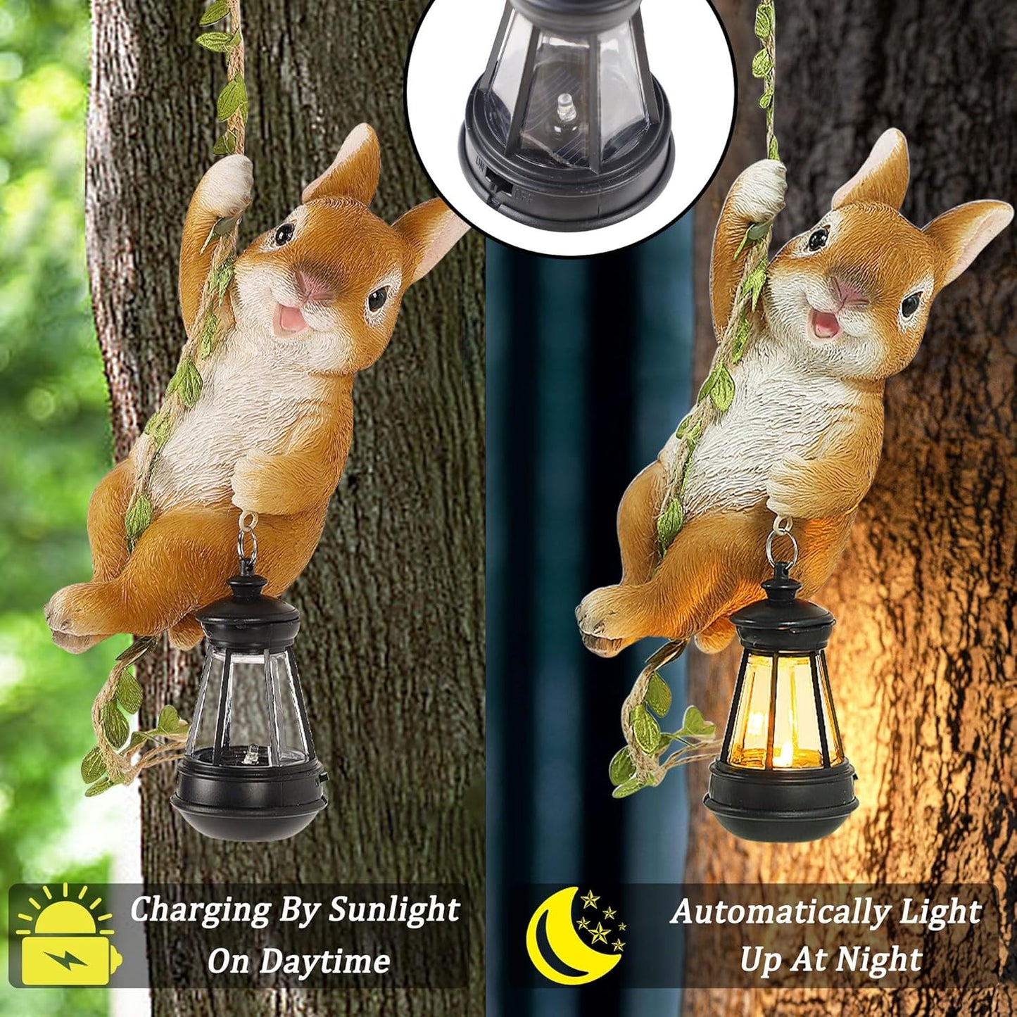 Joliyoou Solar Light Outdoor Statues, 6.9" H Resin Rabbit Climbing On A 23.6" L Vine with LED Lantern, Waterproof Hanging Bunny Figurine with Hook for Easter Yard Garden Wall Balcony Tree Decoration