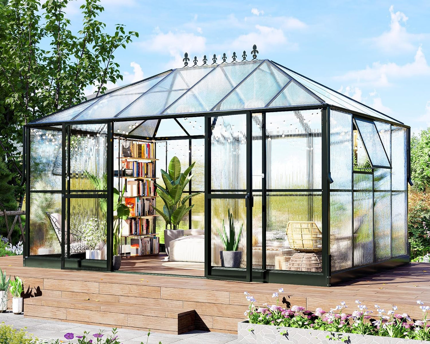 Howe 14x9.5x9 FT Polycarbonate Greenhouse with 2 Vents and Double Swing Doors 6FT Added Wall Height, Walk-in Large Sunroom Aluminum Greenhouse for Outdoors, Black