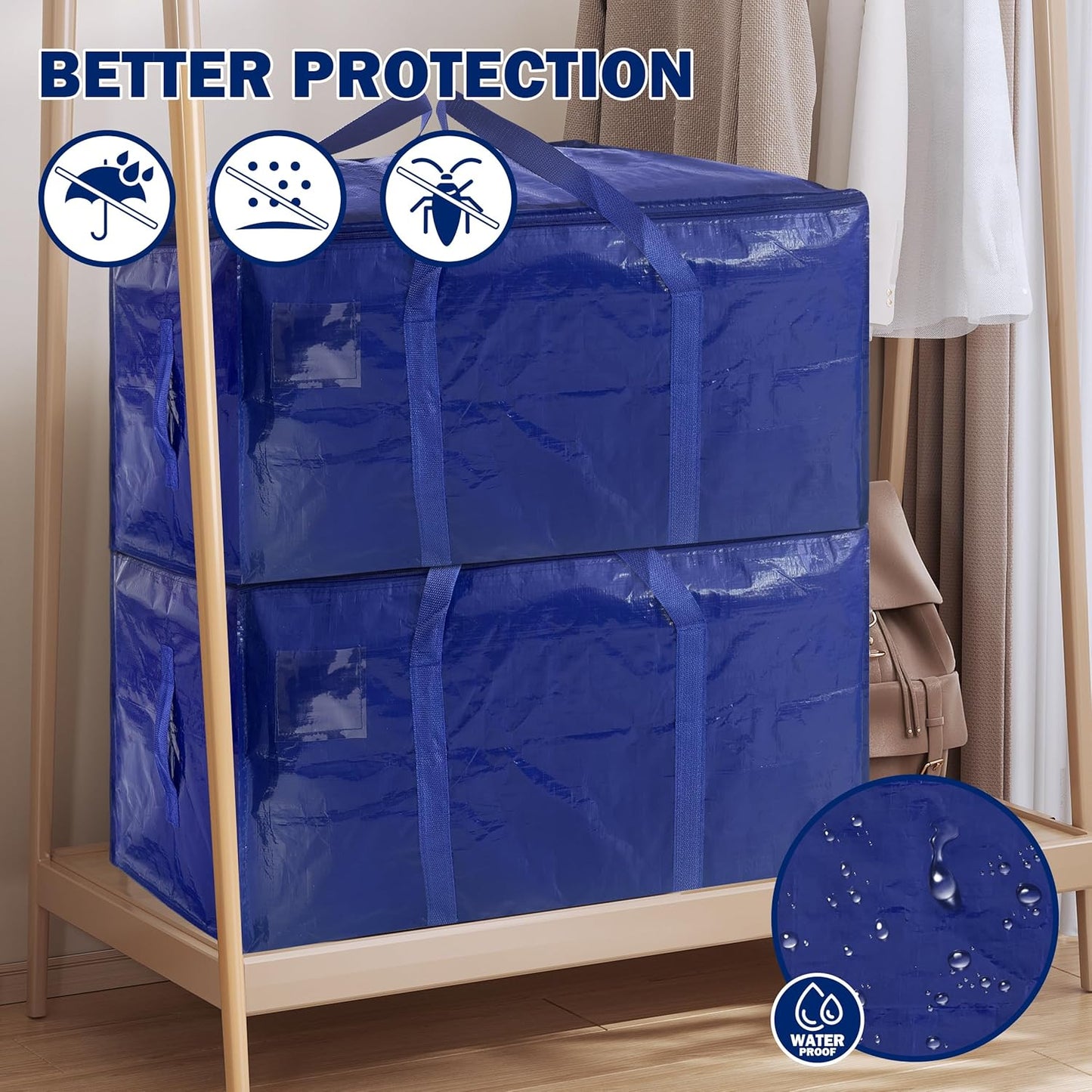 4 Pack Extra Heavy Duty Large Moving Bags with Strong Zipper & Carrying Handles, Sturdy Clothes Storage Bags Totes Bins, Packing Moving Boxes College Supplies, Dark Blue - 24 gal