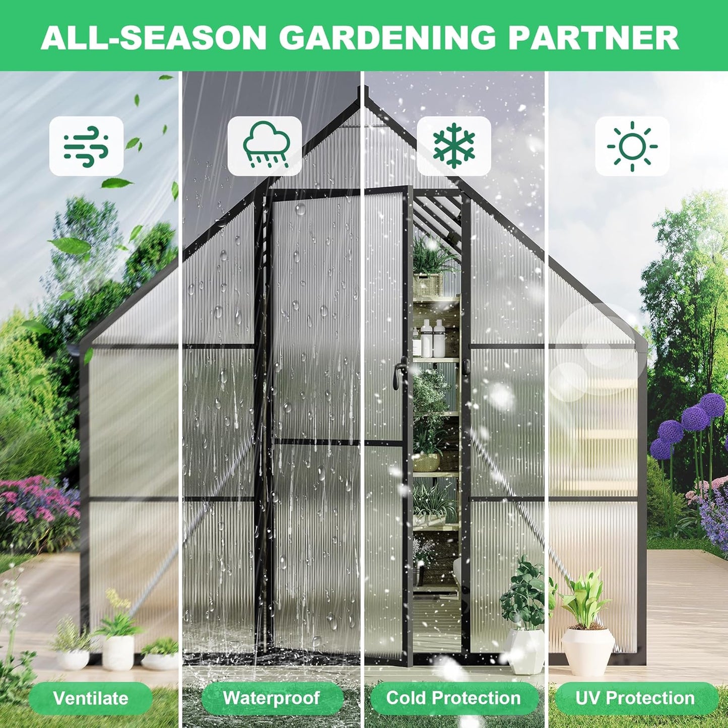 8'x14' , Large Enhanced Aluminum Greenhouses Kit for Outdoors, Aluminum-Framed Polycarbonate Greenhouse, Heavy Duty Polycarbonate Greenhouse with Quick Setup Structure and Roof Vent