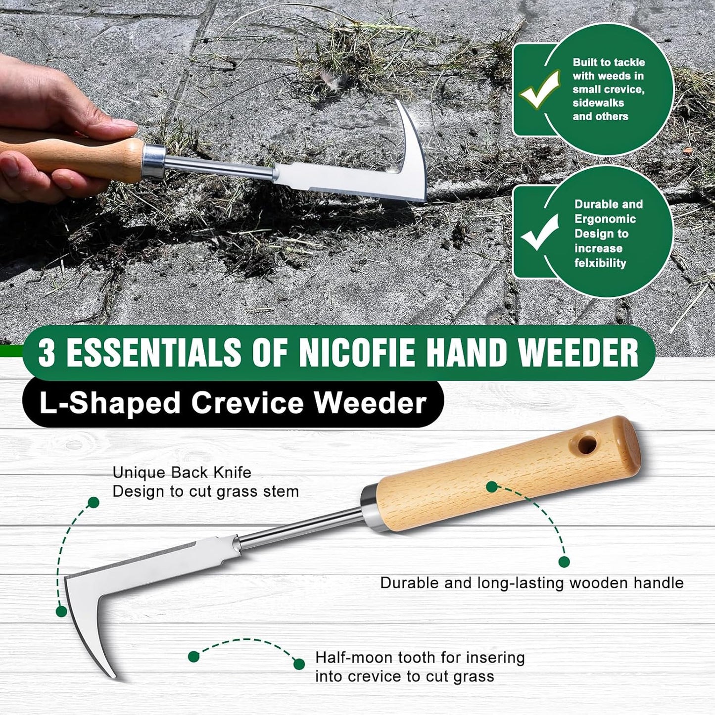 BOOLOOEN3Pack Weed Puller Tool, Manual Hand Weeder Paver, Crack Weeder, Stainless Steel Crevice Weeding Digger Tool, Paving Brick Moss Removal, L-Shape Gardening Crack Tool for Lawn Edger and Driveway