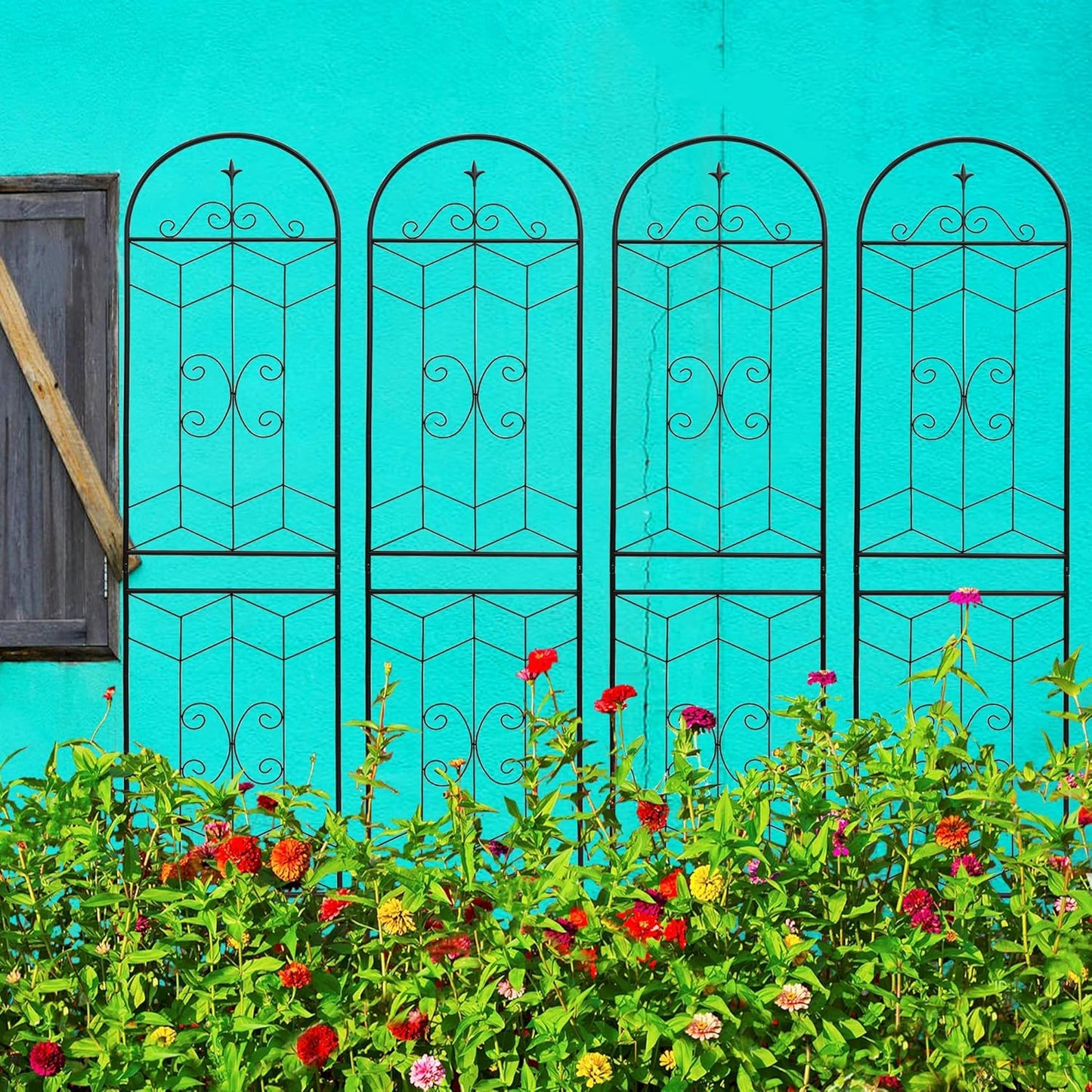 4 Pack Metal Garden Trellis 86.7" Tall Outdoor Climbing Plant Support for Roses, Flowers, Rustproof Durable Black Galvanized Tube, Lawn Garden Fence Decor Screen (4, Castle-86.7" H)