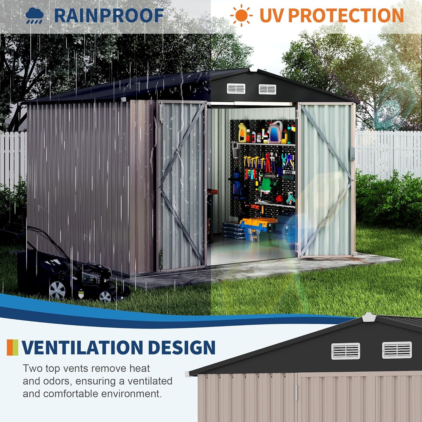 8x10 FT Metal Storage Sheds Outdoor with Floor, Metal Yard Sheds Garden Shed Kit, MetalTool Shed with Lockable Door, Metals UtilitySheds Buildings with Air Vent for Backyard Garden Patio Lawn