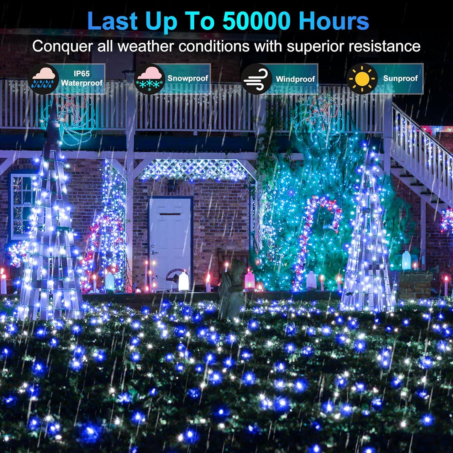 300LED Christmas Lights Indoor Outdoor Use Green Wire, 8 Lighting Modes 100FT Christmas Tree Lights with Timer & Memory, IP44 Waterproof for Tree Xmas Patio Yard Fence Balcony Garden Blue & Cool White