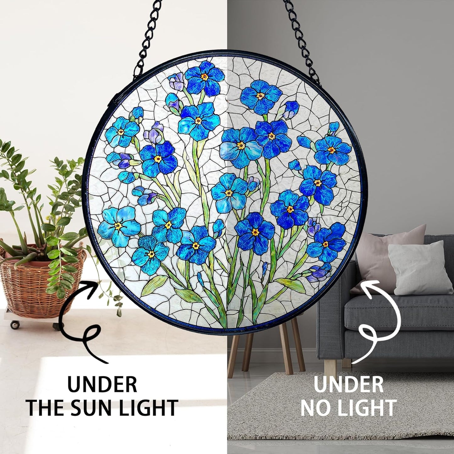 TNUW Blue Forget Me Not Flower Stained Glass Window Hanging, Blue Floral Sun Catchers Indoor Window Glass Round Wall Art Decor, Floral Botanical Wall Hanging Decorations, 7.9＂x7.9＂