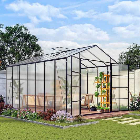 10*14*8.7FT Greenhouse for Outdoors,Polycarbonate Greenhouse with Stronger Wind Protection and Roof Vent,Walk-in Large Aluminum Sunroom Winter Proof,Black