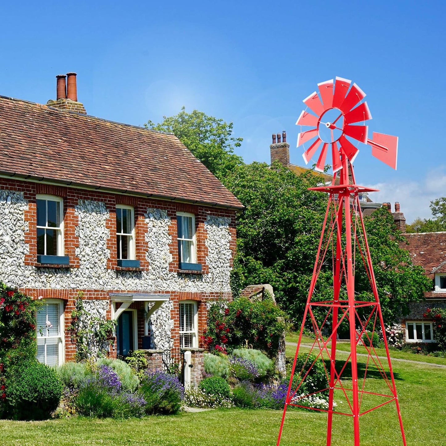 8ft Garden Windmill, Heavy Duty Durable Metal Weather Vane for Backyard, Ornamental Windmill for Yard Weather Resistant (Red, 8FT)