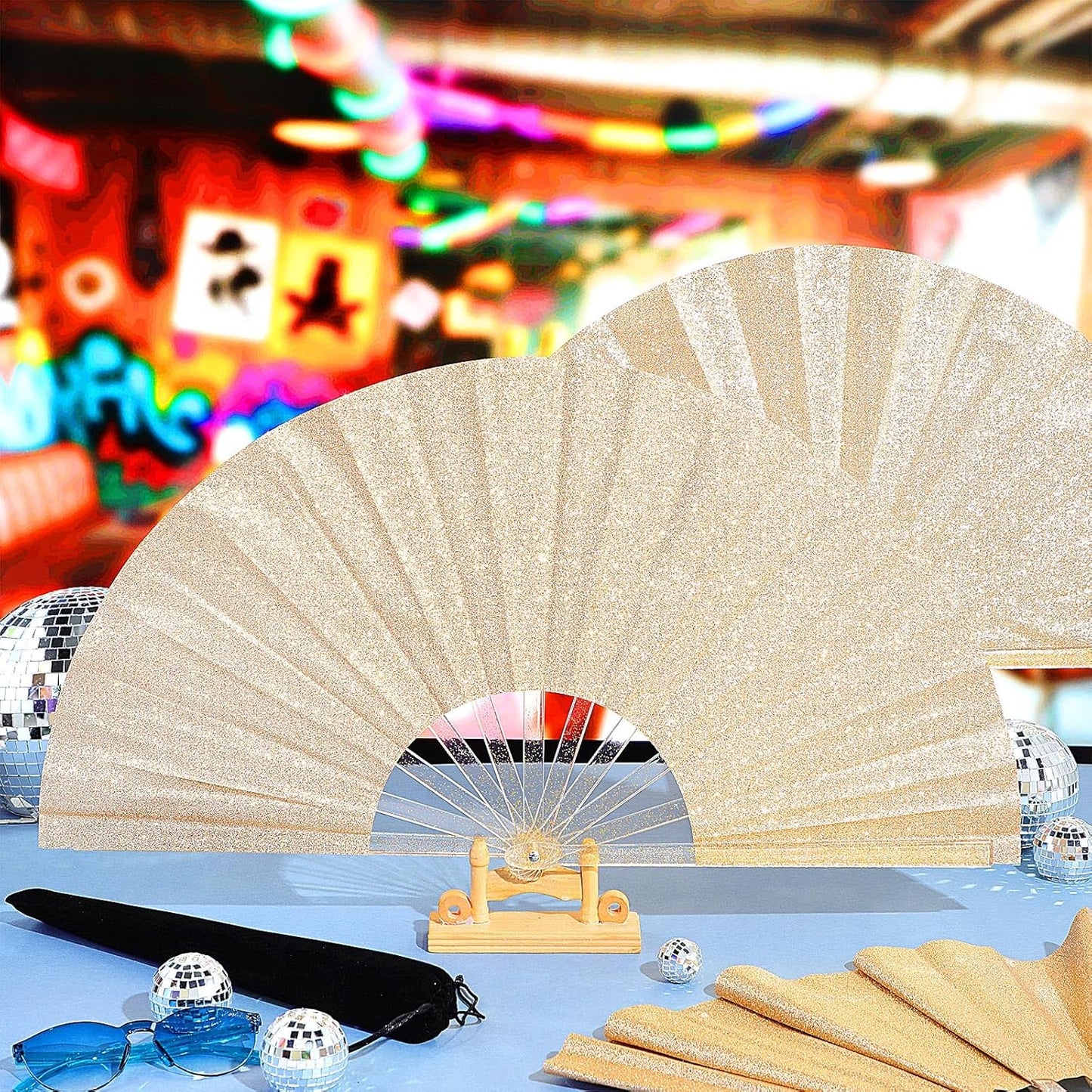 Blulu 4 Pcs 13 Inch Large Folding Hand Fans for Line Dancing Big Clapping Popping Raves Fans Bulk for Dancing Boots on The Ground Festival Party Decoration(Classic Style, Gold)