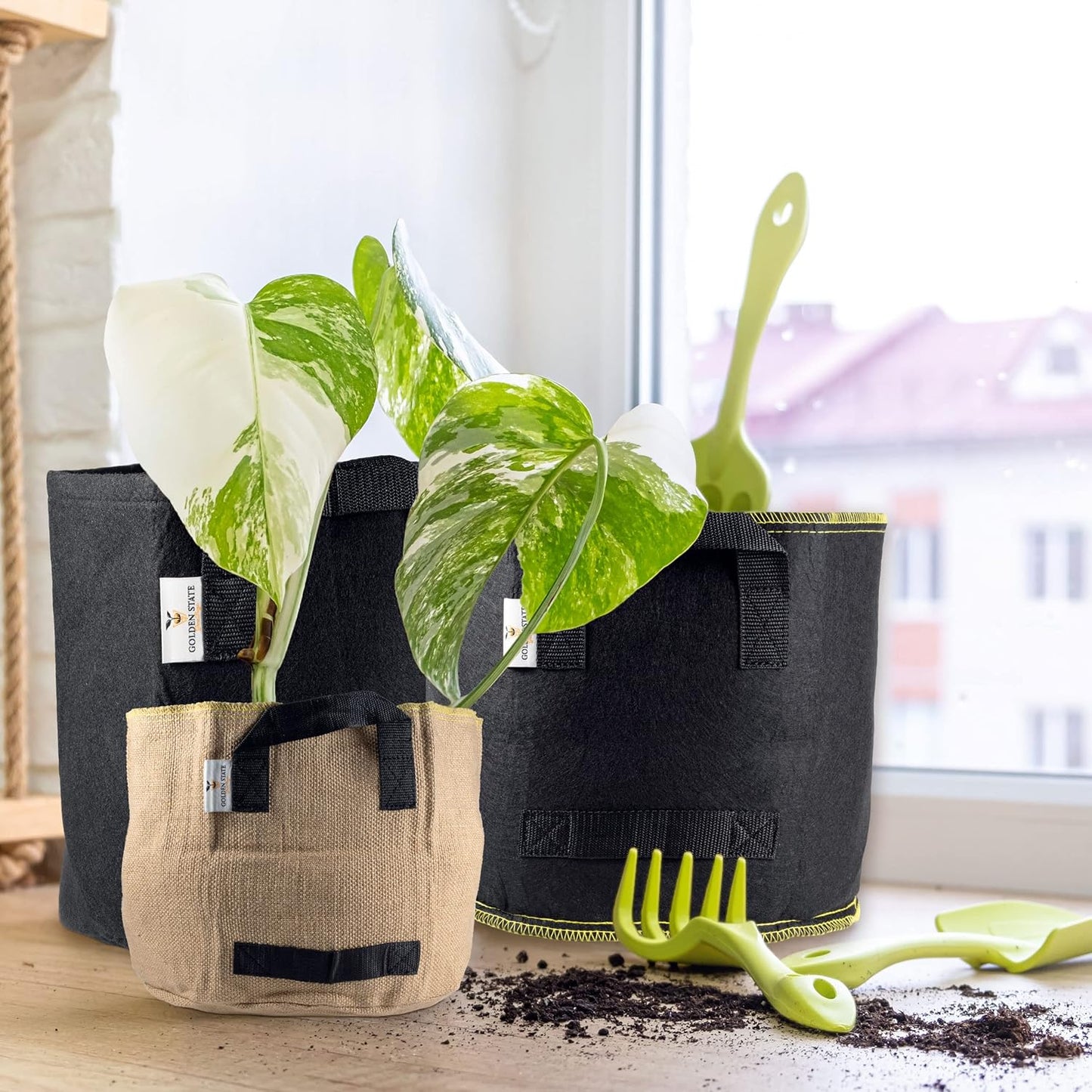 Grow Bags: 5-Pack (Size: 7 Gallon): 300gsm Black Felt Fabric w/Yellow Stitch, Biodegradable and eco-Friendly Material. (Handles + Dumping Handles-pat.Pend).