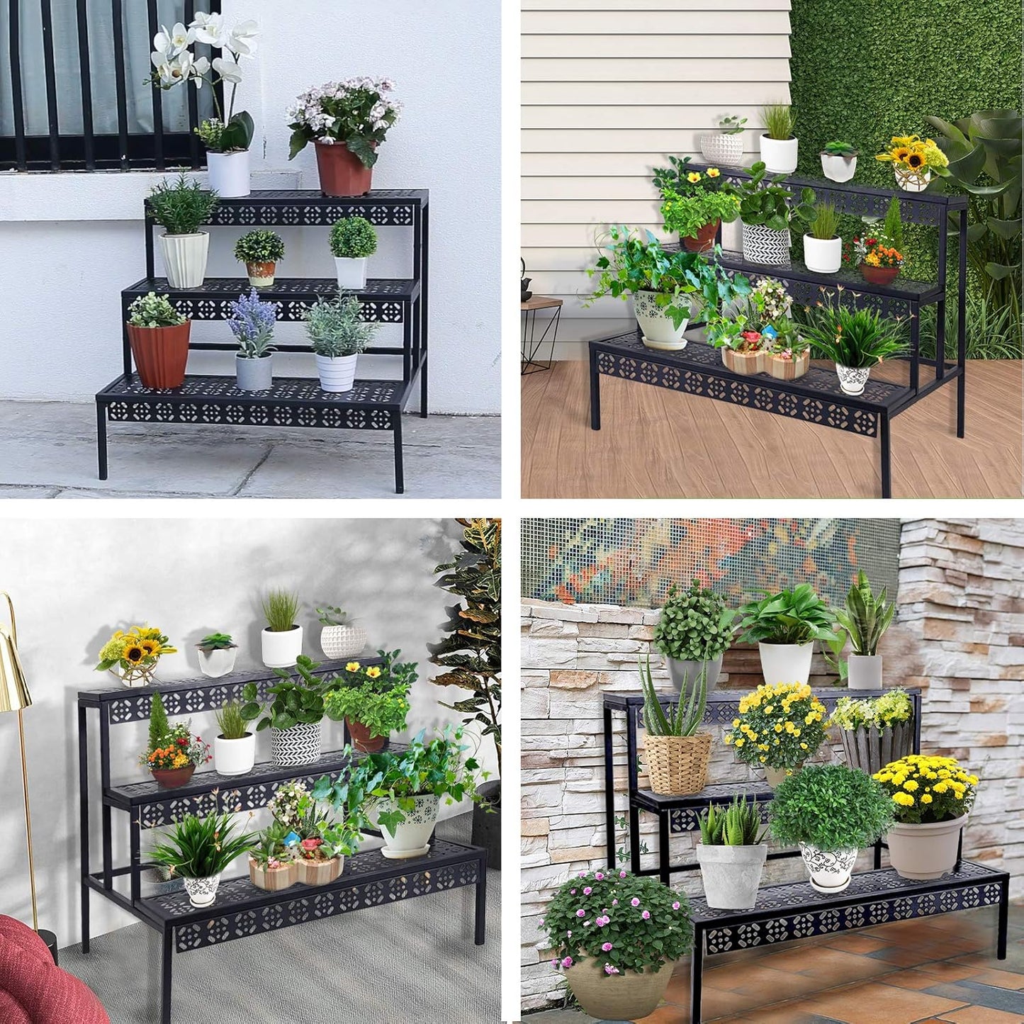 3 Tiers Metal Plant Stand,Rectangular Ladder Flower Pots Outdoor, Indoor Plant Display Rack, Heavy Duty Utility Storage Organizer for Home Garden Patio Balcony, Stair Style