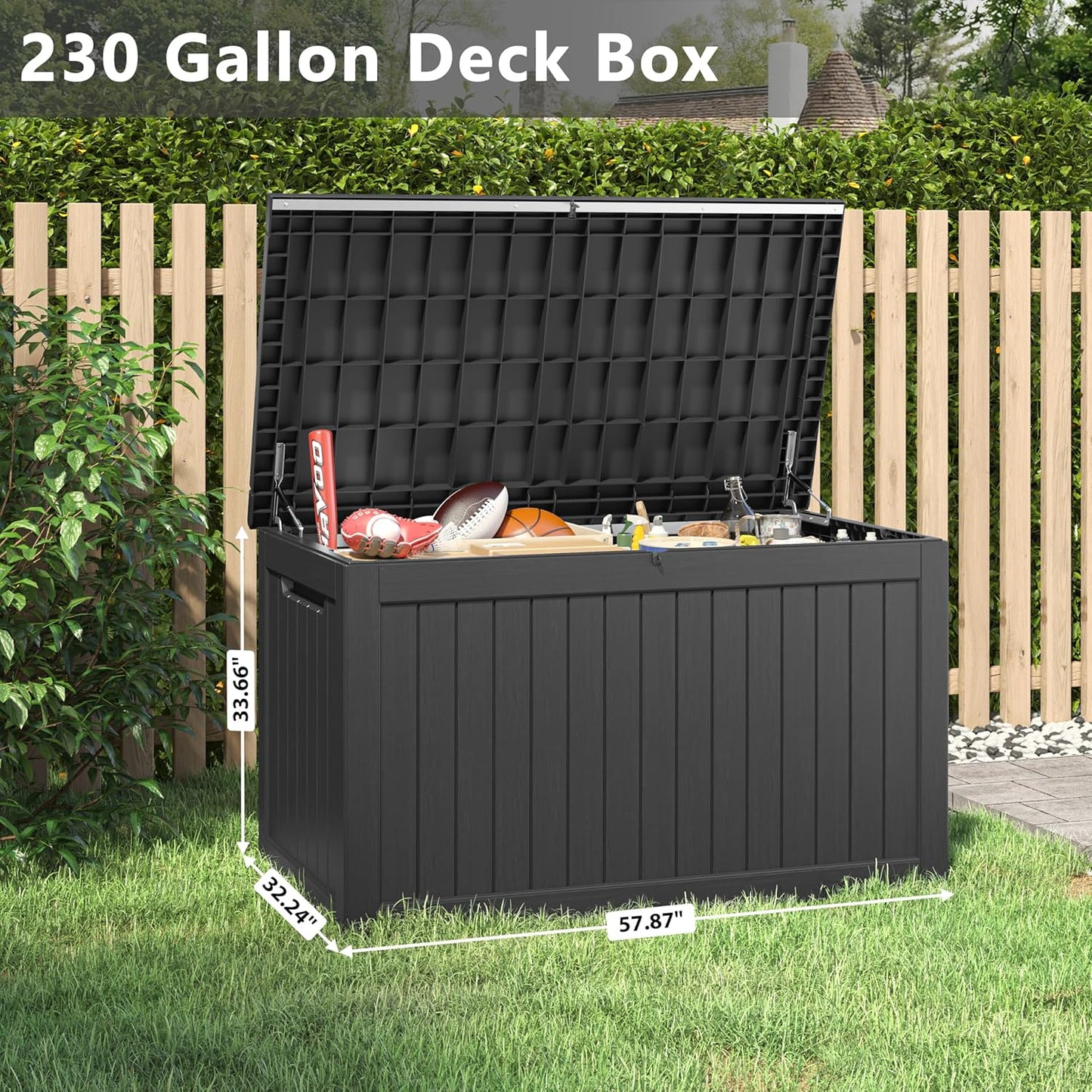 230 Gallon Outdoor Storage Box, Deck Box Resin Waterproof and UV Resistant Lightweight Deck Box for Garden Tools, Pool Supplies Organization