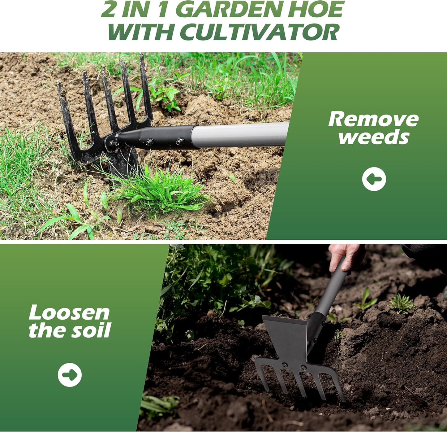 Walensee Hoe Garden Tool, 63 Inch Garden Hoe with Adjustable Long Handle for Weeding, 5-Tines Hoe Cultivator 2 in 1 Hand Weeder Tools for Yard Lawn Planting Gardening Digging