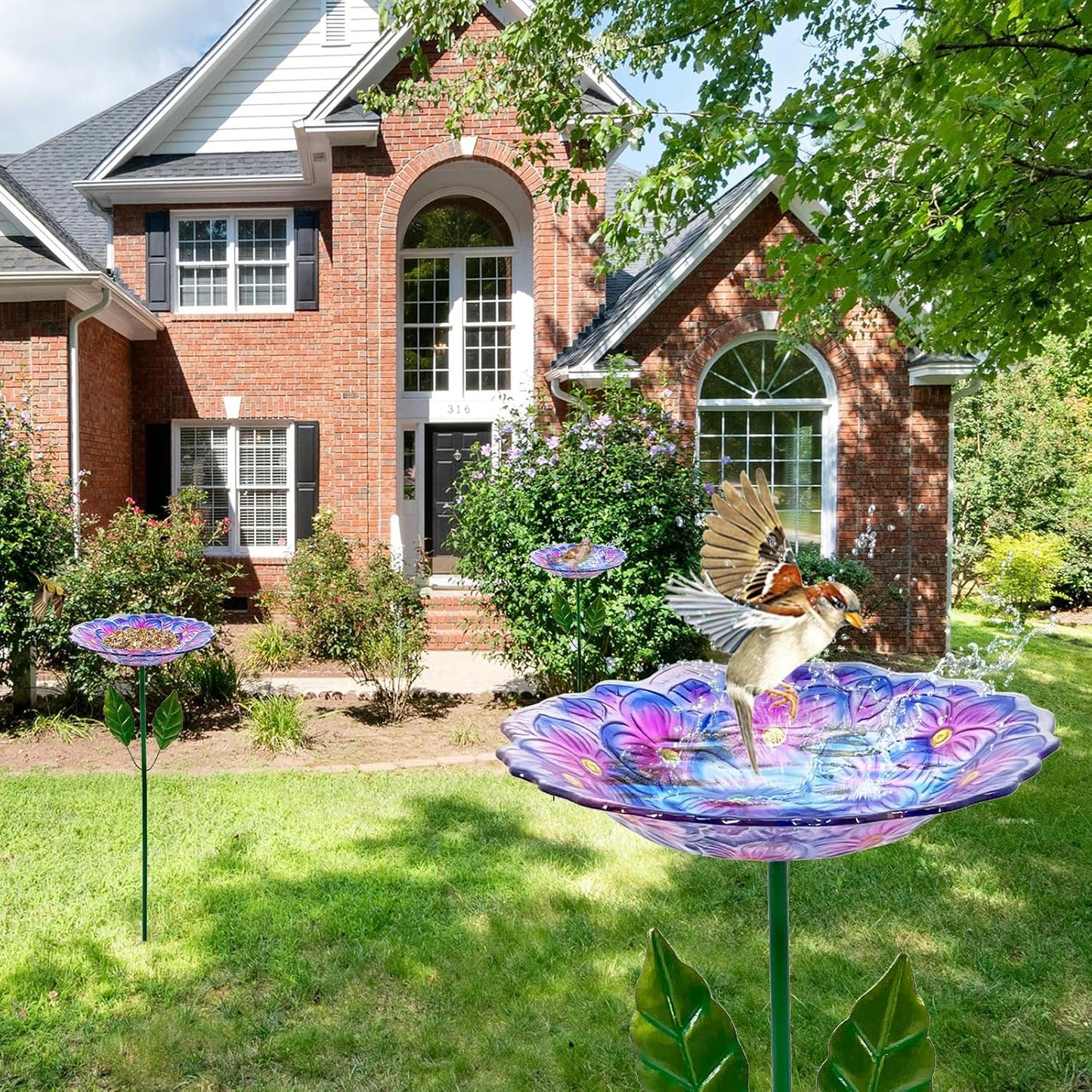 Glass Bird Baths for Outdoor, Garden Birdbath Bird Feeders Hydrangea Decor Birdfeeder with Metal Stake for Garden, Yard, Lawn, Courtyard