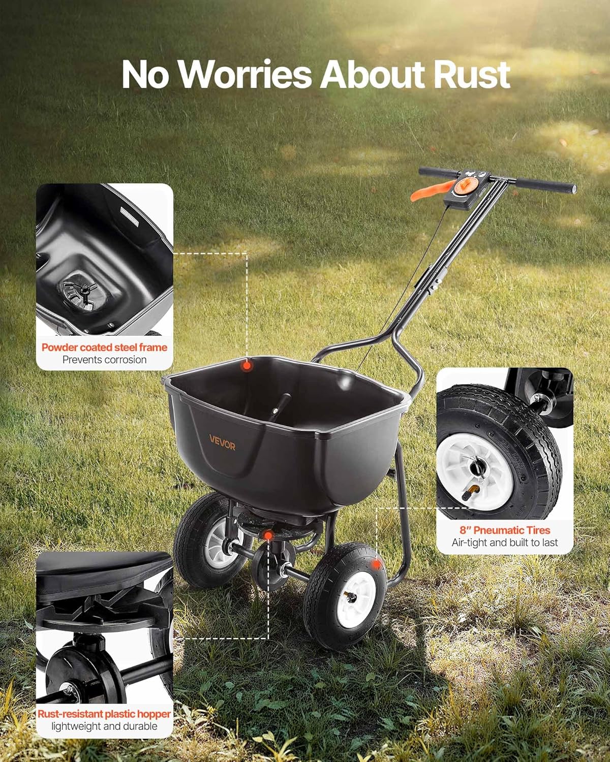 VEVOR Broadcast Spreader, 60LBS Capacity, Walk-Behind Push Spreader, 0-9.8 ft Spreading Width, 10 in All Terrain Pneumatic Tires, Lawn Spreaders with Hopper Grate, for Seed, Fertilizer, Ice Melt