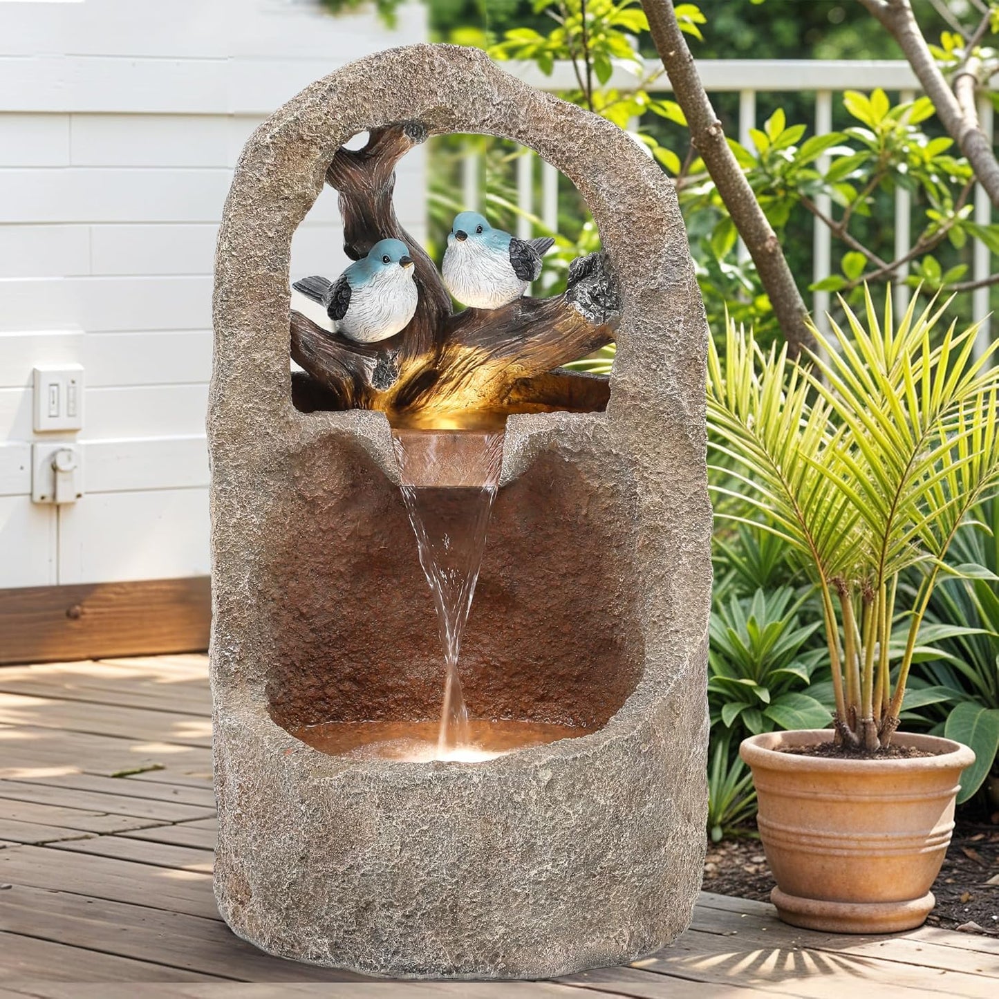 27" Outdoor Water Fountain with LED Lights,2-Tier Bird Natural Zen Garden Fountain, Relaxing Waterfall Floor, Yard, Porch or Deck Decor, Whether-Resistant, Faux Granite Texture