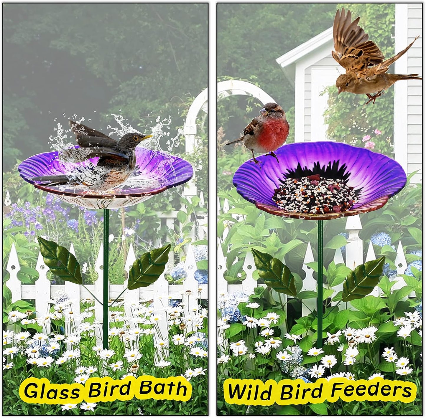 Glass Bird Baths for Outdoor, Garden Birdbath Bird Feeders Hydrangea Decor Birdfeeder with Metal Stake for Garden, Yard, Lawn, Courtyard