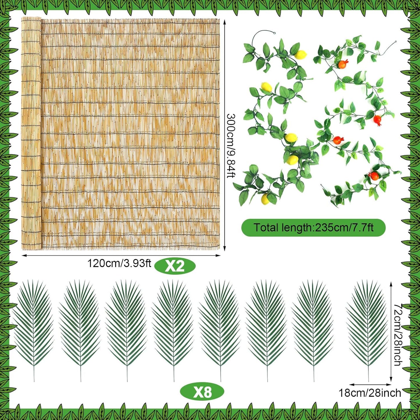 12 Pack Sukkah Kit Decorations for Sukkot 2 Pcs 3.9x9.8ft Natural Reed Bamboo Fencing 8 Pcs Palm Leaves 7.7ft Hanging Pomegranate Garland Sukkah Tent Supplies for Jewish Holiday Party Outdoor Decor