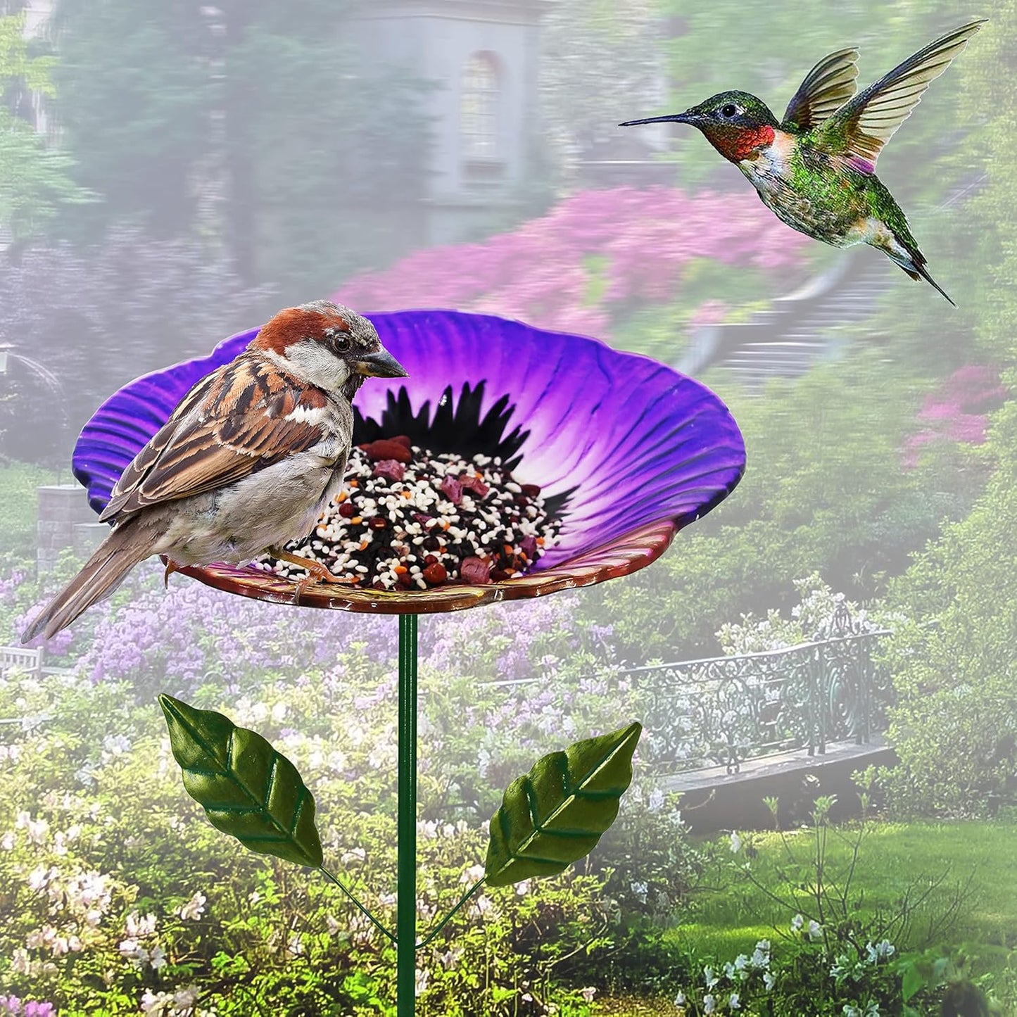 Glass Bird Baths for Outdoor, Garden Birdbath Bird Feeders Hydrangea Decor Birdfeeder with Metal Stake for Garden, Yard, Lawn, Courtyard